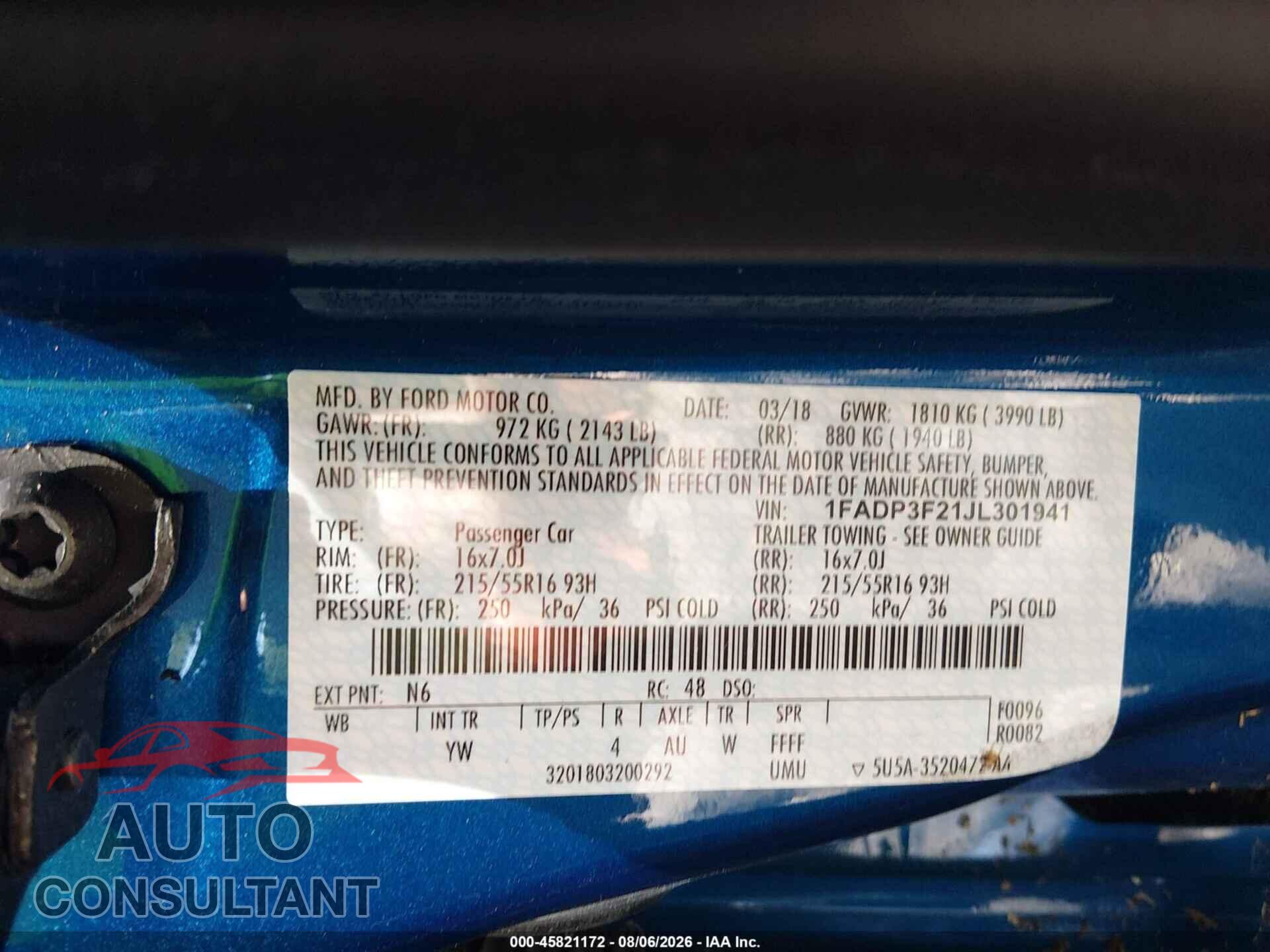 FORD FOCUS 2018 - 1FADP3F21JL301941