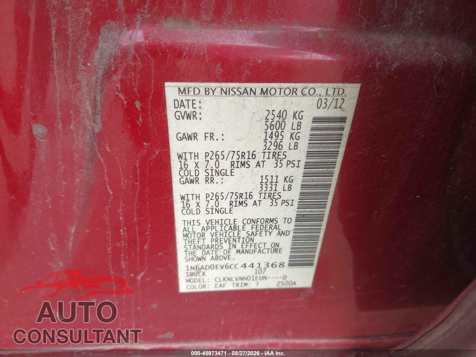 NISSAN FRONTIER 2012 - 1N6AD0EV6CC441368