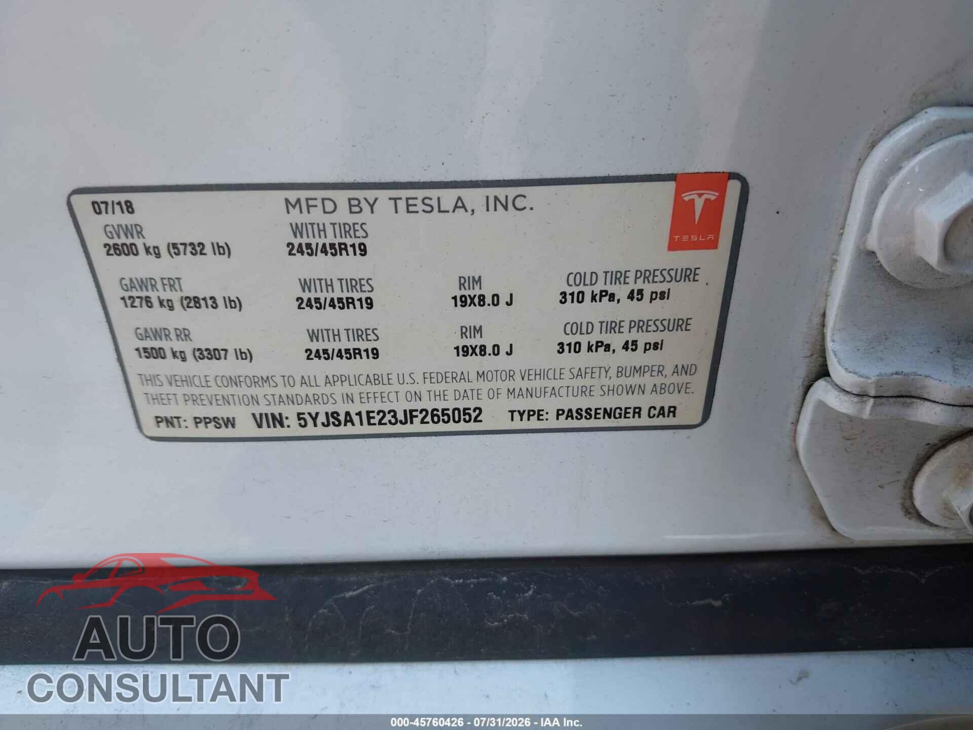 TESLA MODEL S 2018 - 5YJSA1E23JF265052