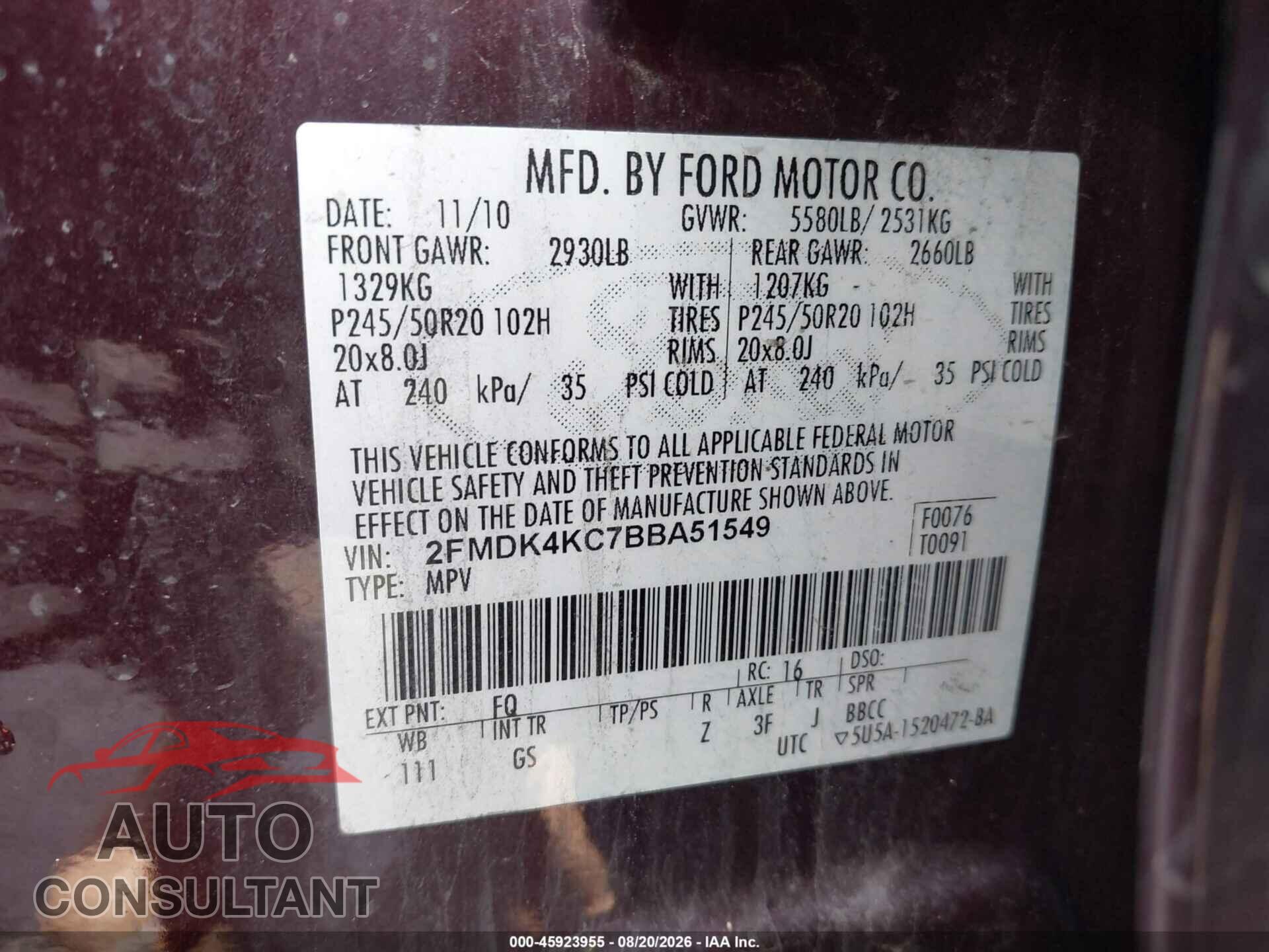 FORD EDGE 2011 - 2FMDK4KC7BBA51549