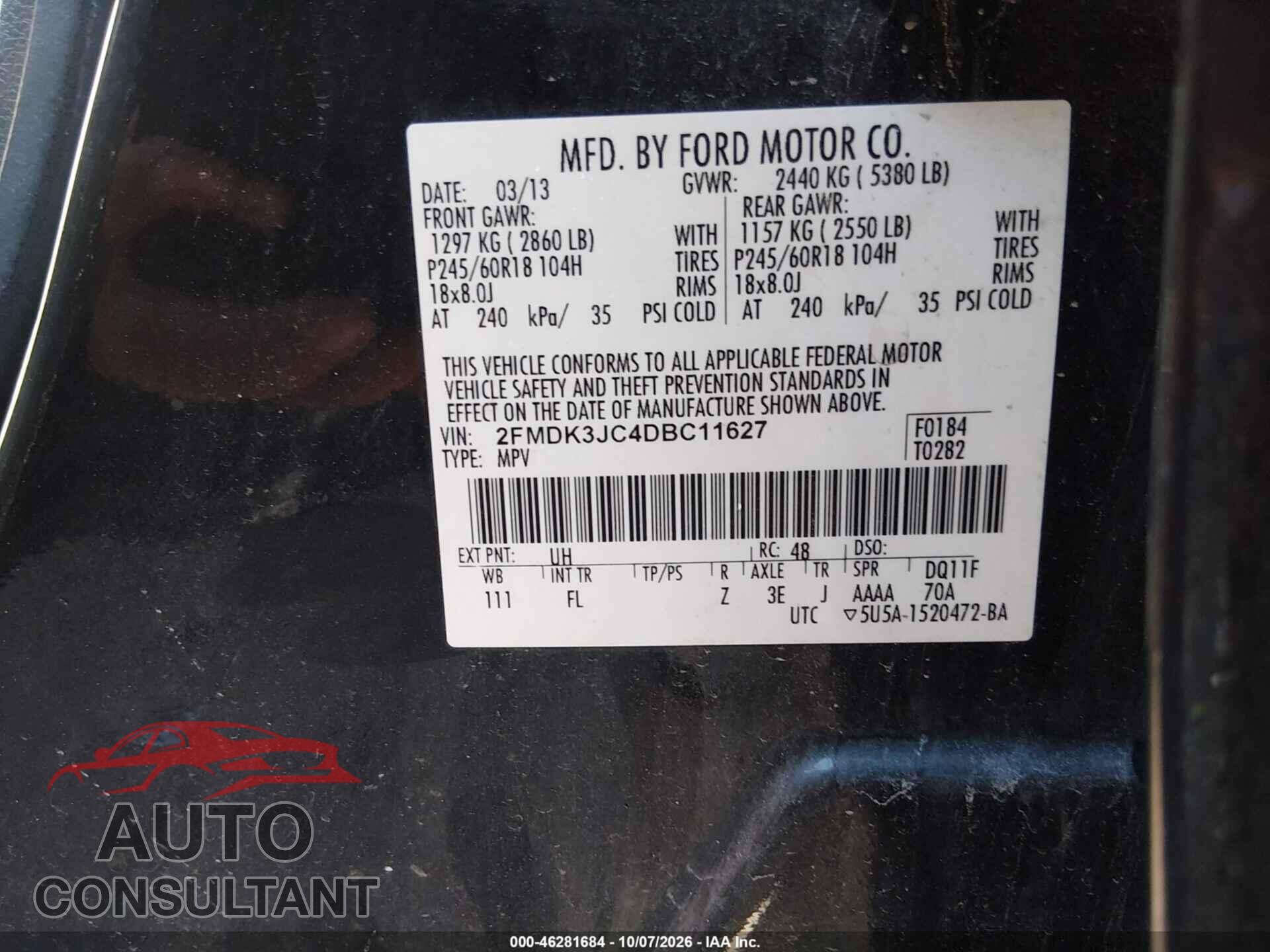 FORD EDGE 2013 - 2FMDK3JC4DBC11627