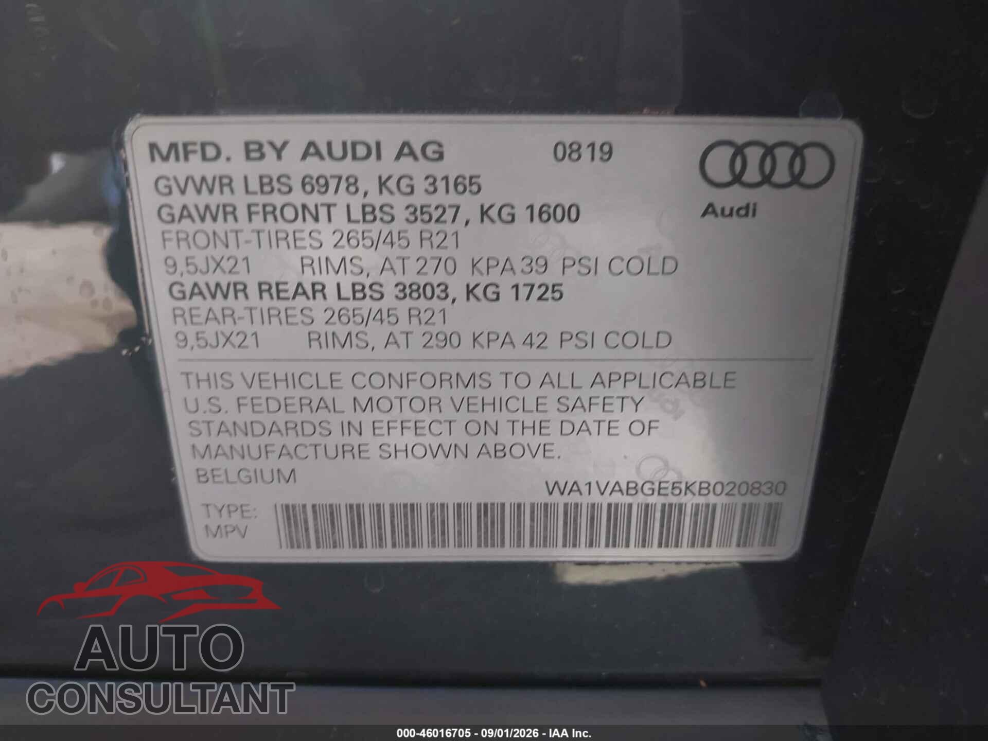 AUDI E-TRON 2019 - WA1VABGE5KB020830