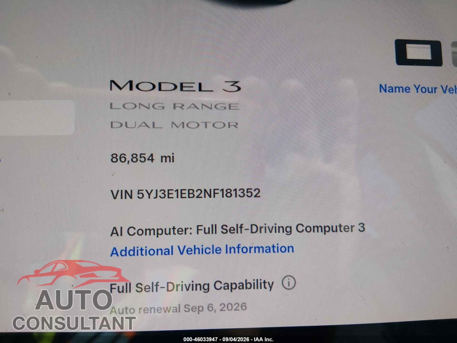 TESLA MODEL 3 2022 - 5YJ3E1EB2NF181352