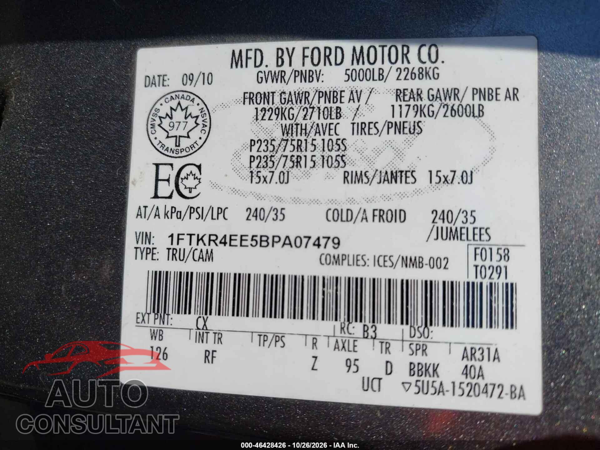 FORD RANGER 2011 - 1FTKR4EE5BPA07479