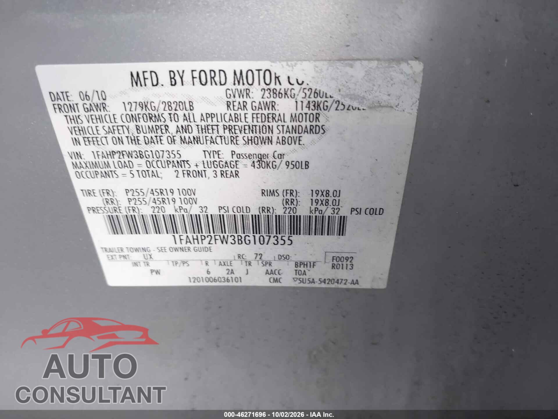 FORD TAURUS 2011 - 1FAHP2FW3BG107355