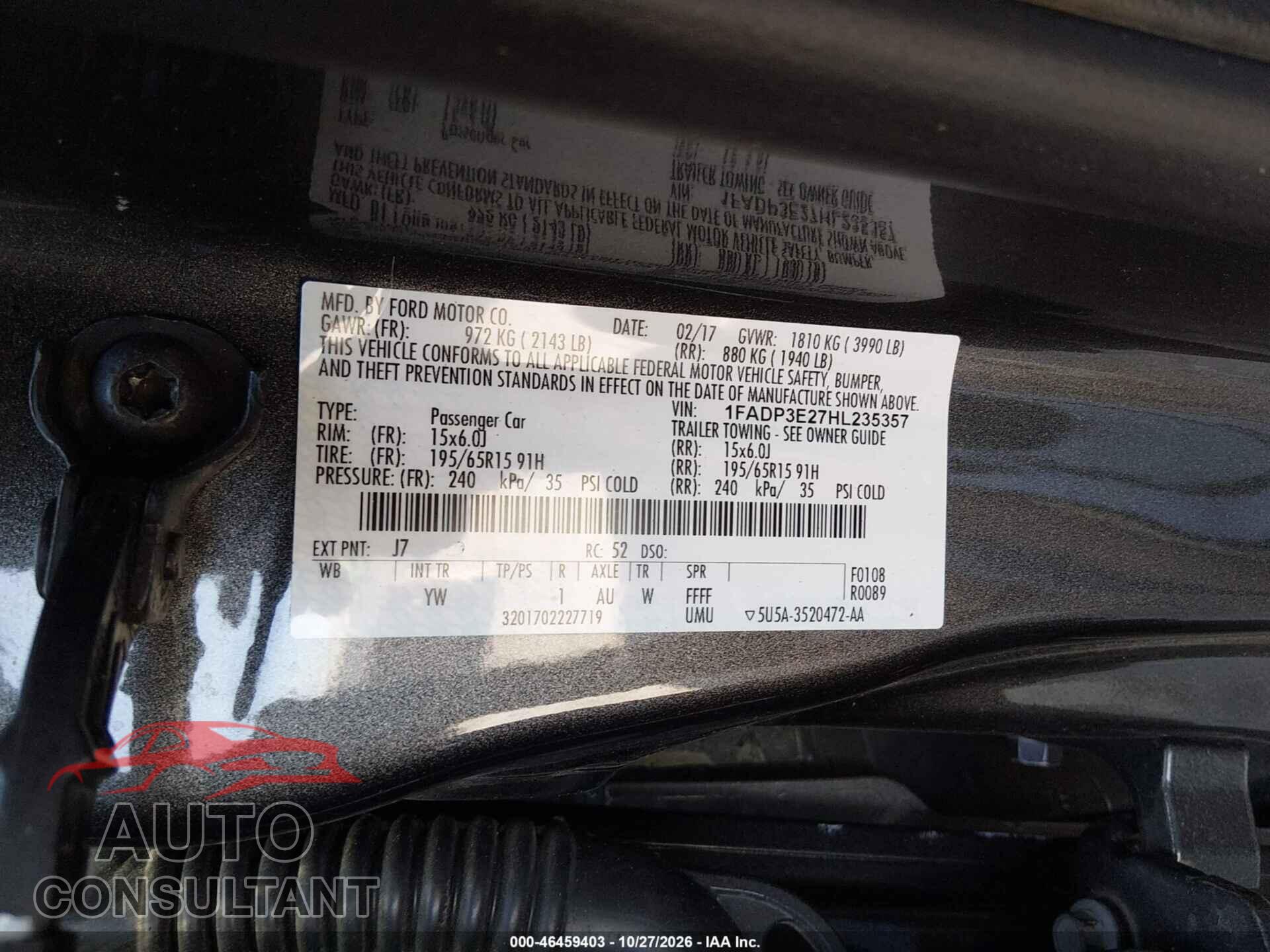FORD FOCUS 2017 - 1FADP3E27HL235357