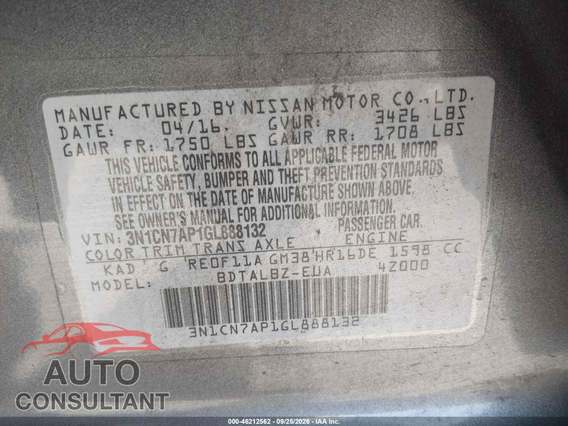 NISSAN VERSA 2016 - 3N1CN7AP1GL888132
