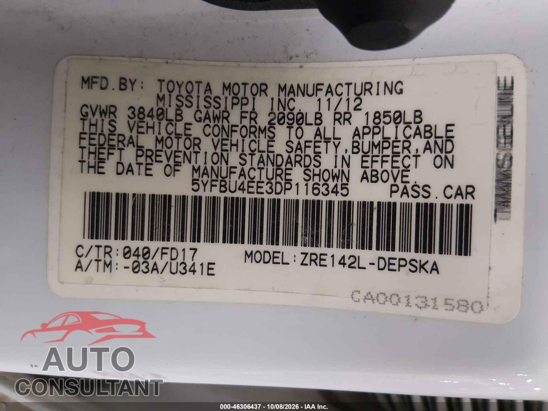 TOYOTA COROLLA 2013 - 5YFBU4EE3DP116345