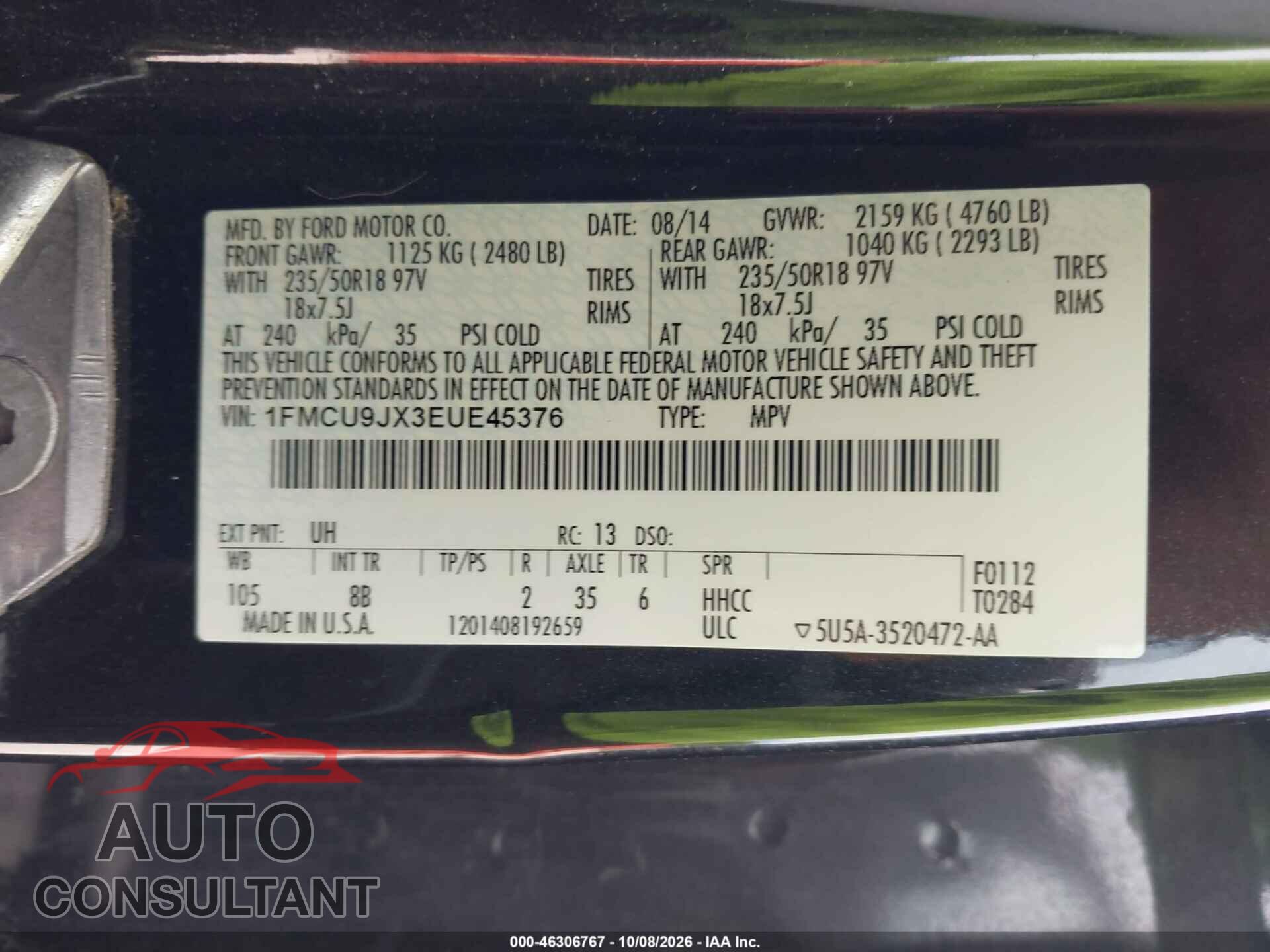 FORD ESCAPE 2014 - 1FMCU9JX3EUE45376