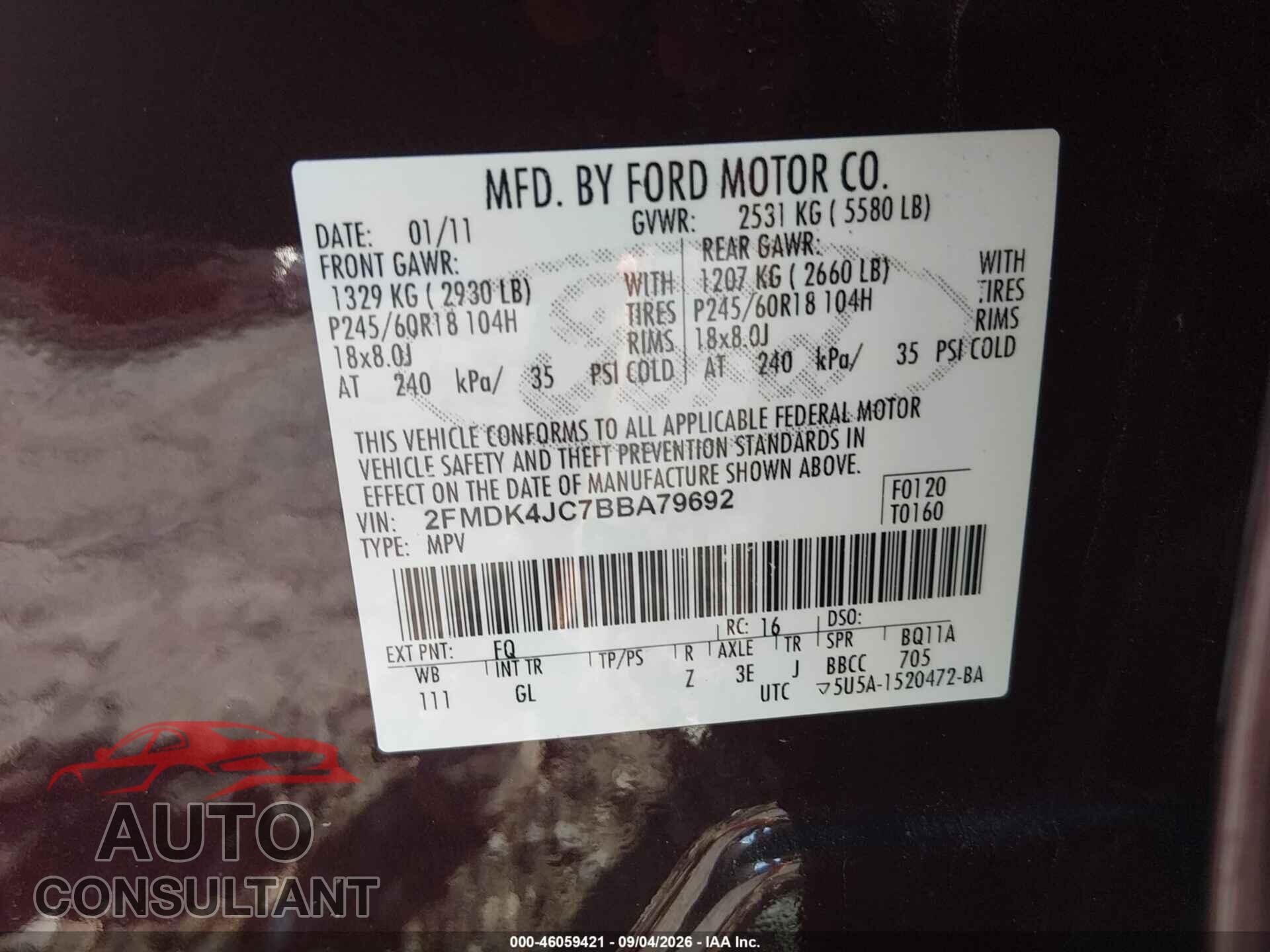FORD EDGE 2011 - 2FMDK4JC7BBA79692