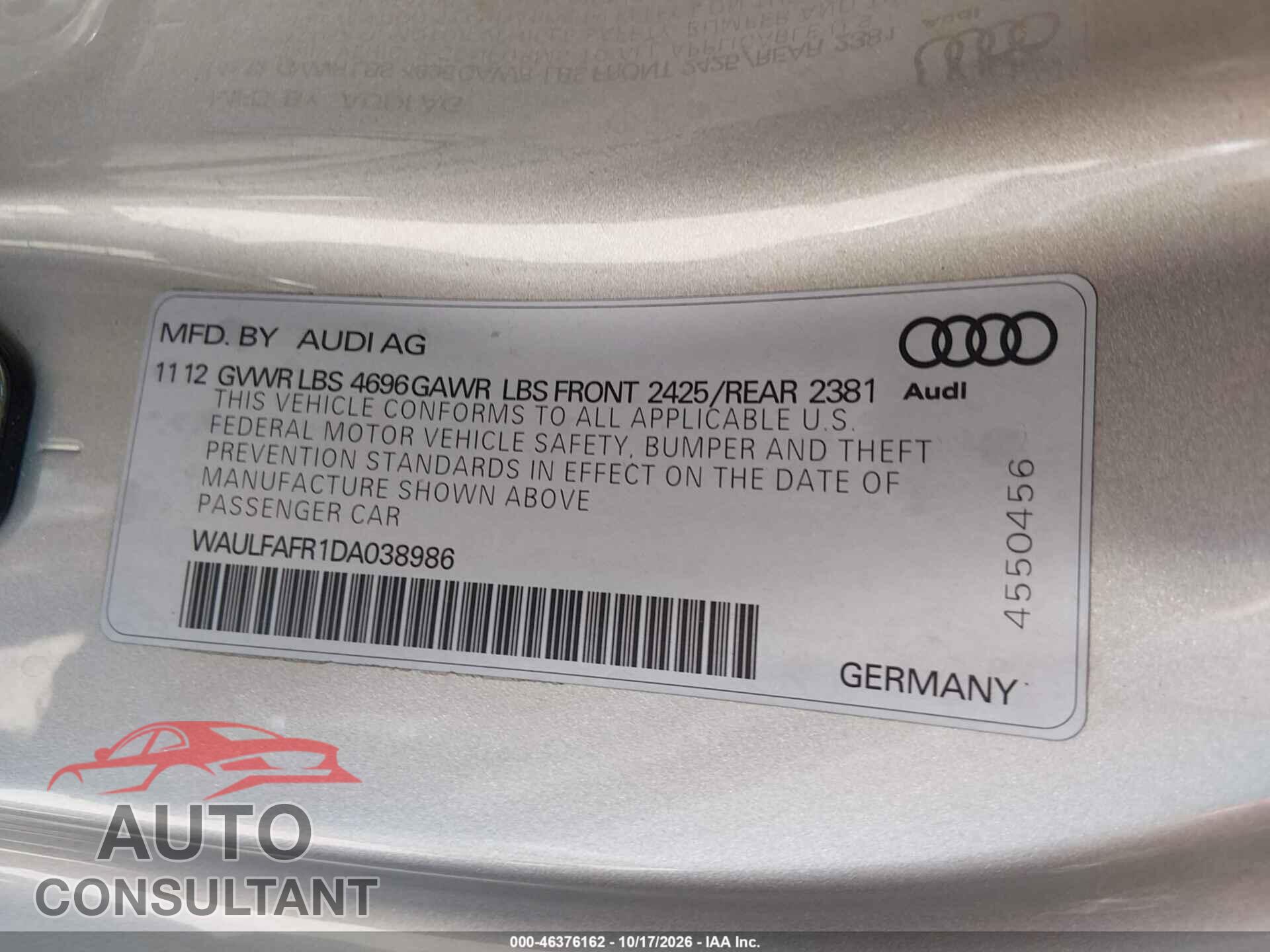 AUDI A5 2013 - WAULFAFR1DA038986