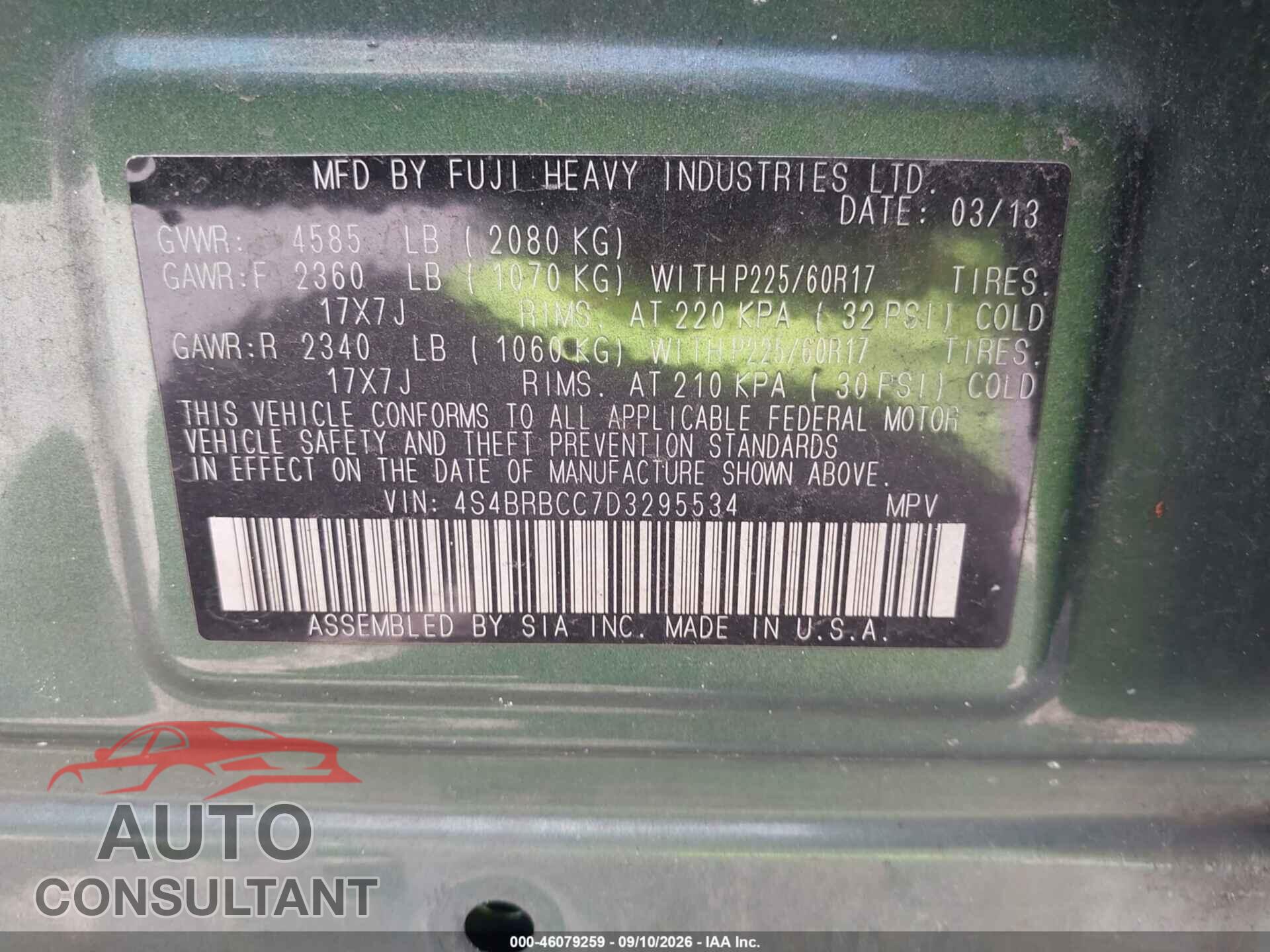 SUBARU OUTBACK 2013 - 4S4BRBCC7D3295534