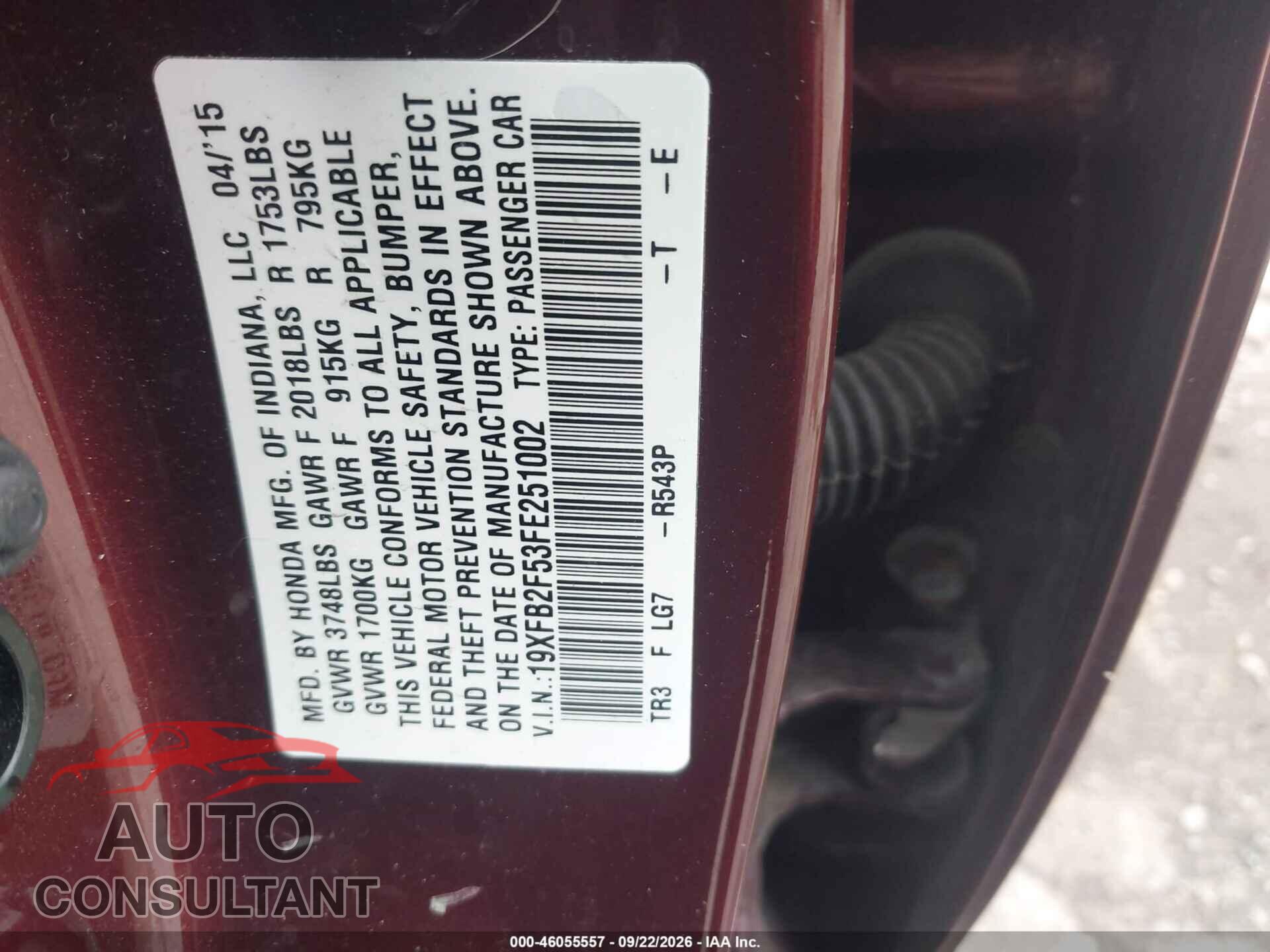 HONDA CIVIC 2015 - 19XFB2F53FE251002