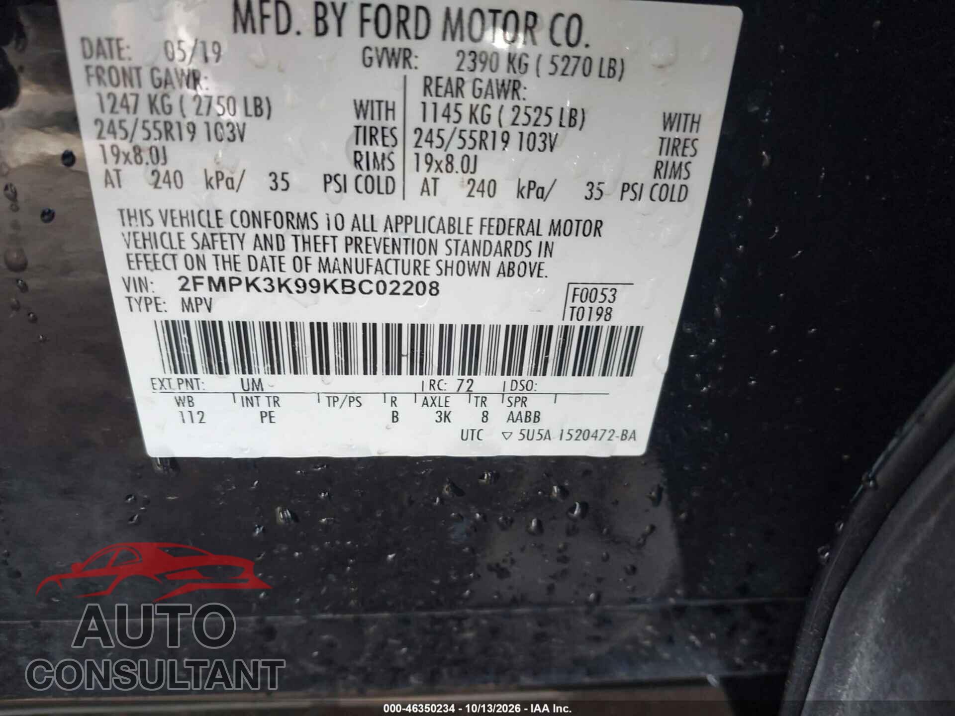 FORD EDGE 2019 - 2FMPK3K99KBC02208