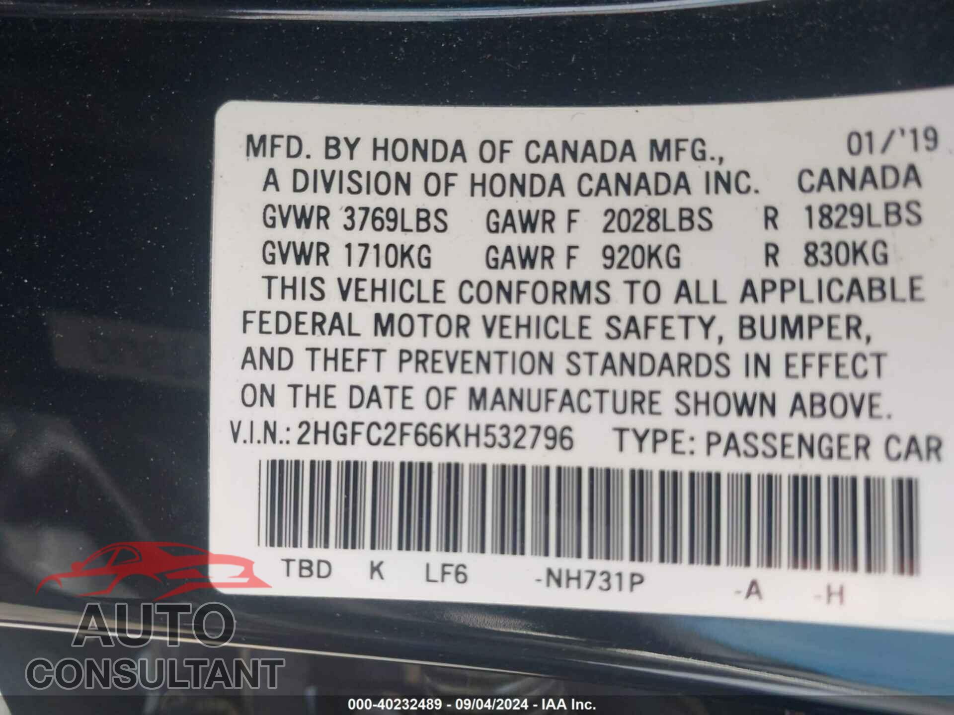 HONDA CIVIC 2019 - 2HGFC2F66KH532796