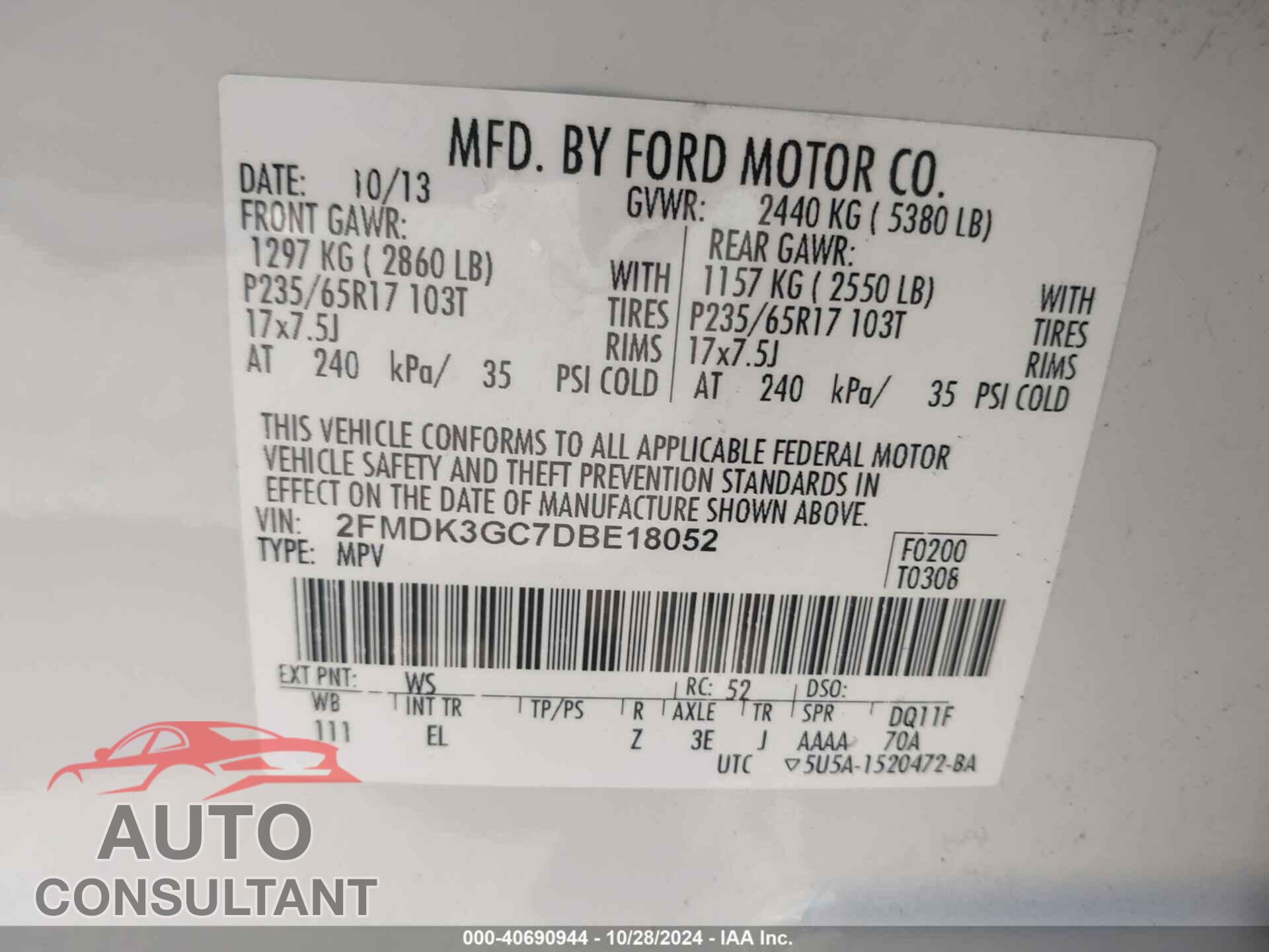 FORD EDGE 2013 - 2FMDK3GC7DBE18052