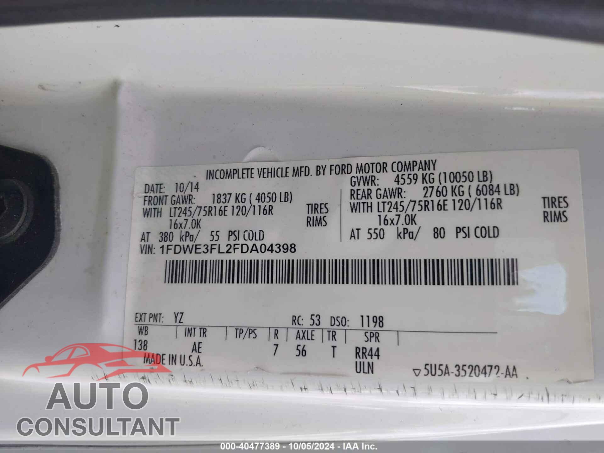 FORD E-350 CUTAWAY 2015 - 1FDWE3FL2FDA04398