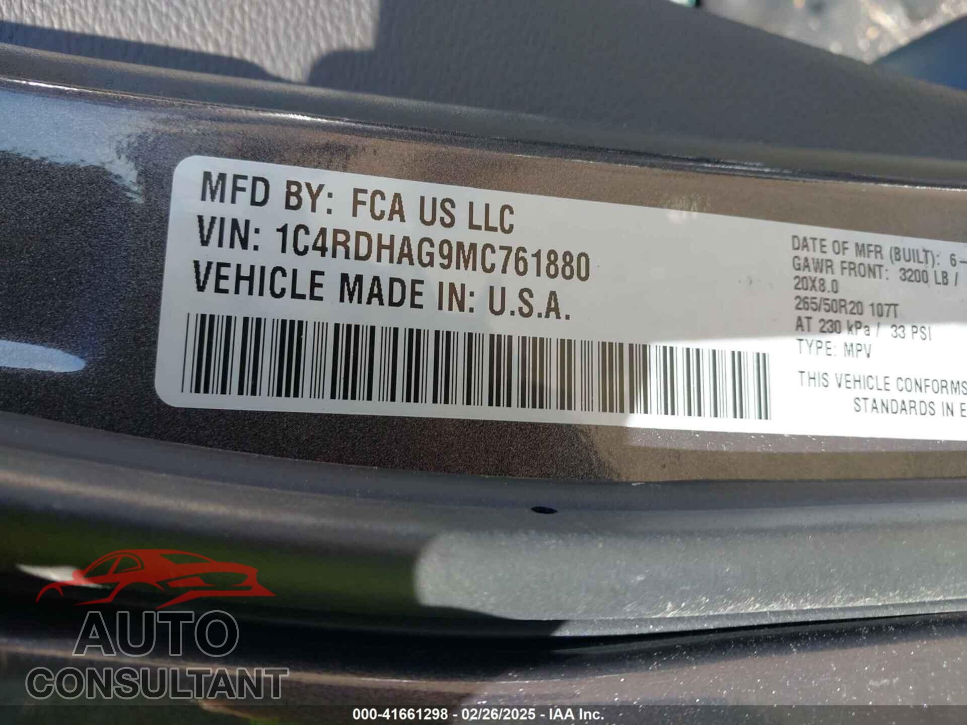 DODGE DURANGO 2021 - 1C4RDHAG9MC761880
