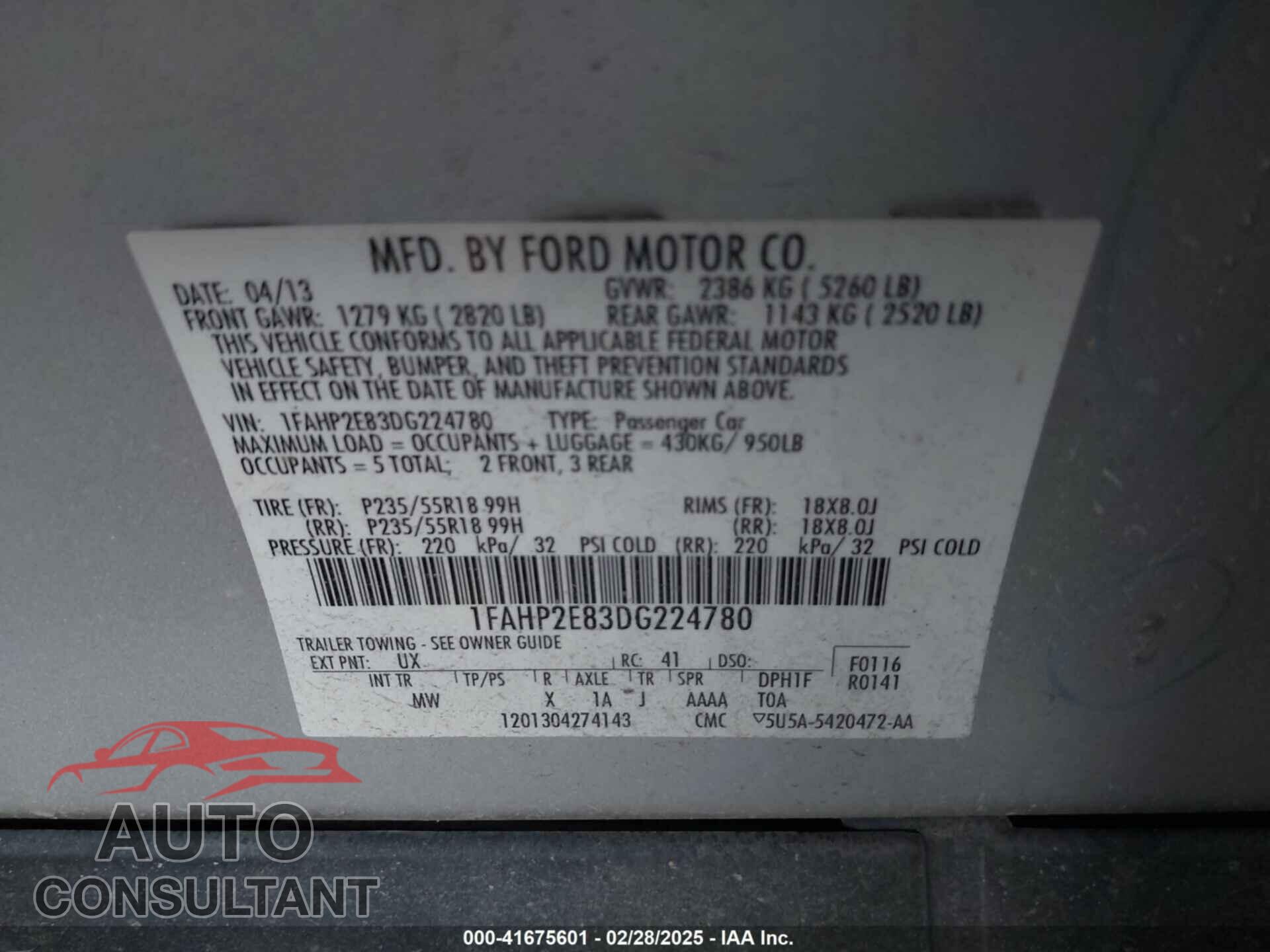 FORD TAURUS 2013 - 1FAHP2E83DG224780