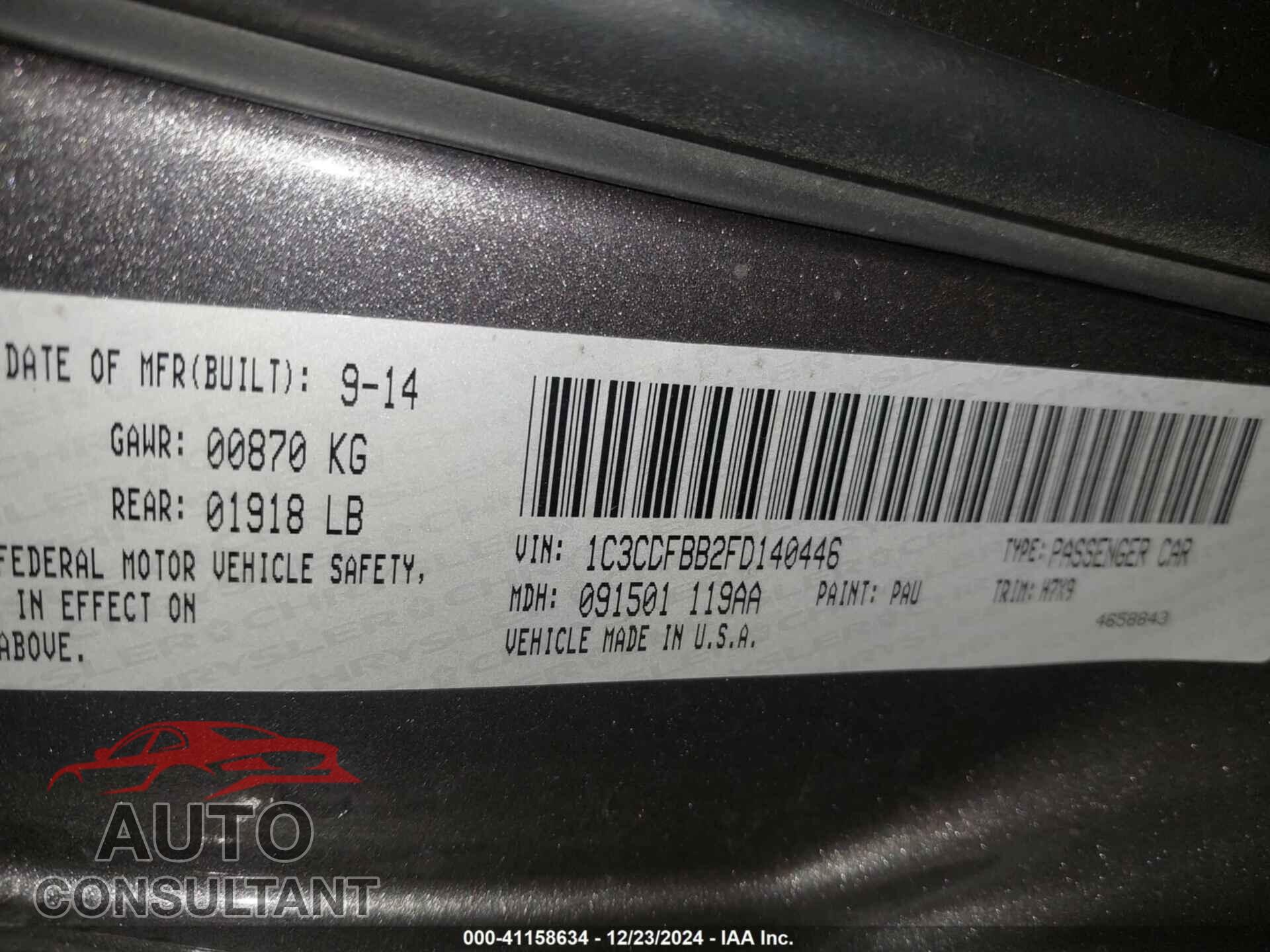 DODGE DART 2015 - 1C3CDFBB2FD140446