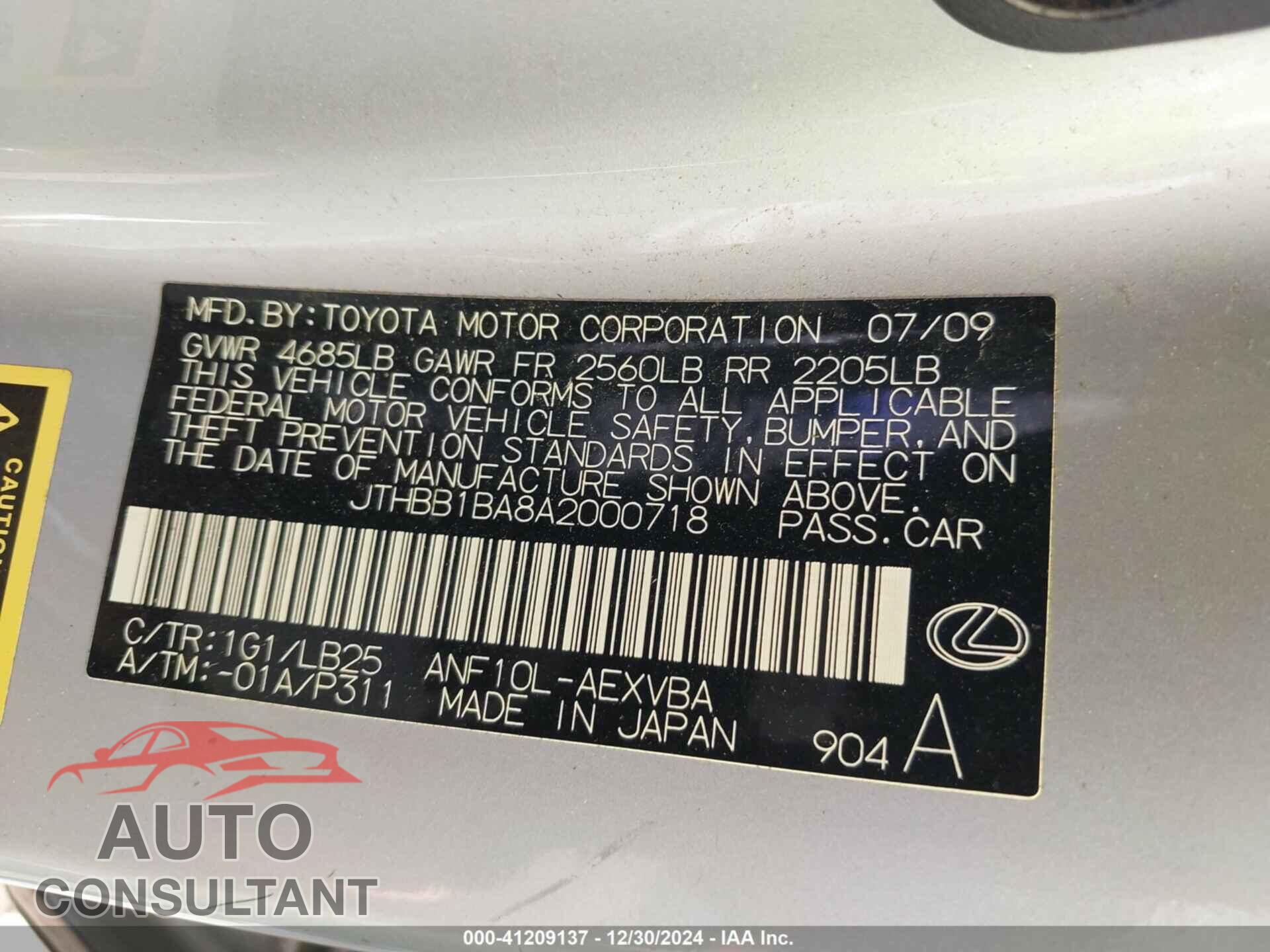LEXUS HS 250H 2010 - JTHBB1BA8A2000718