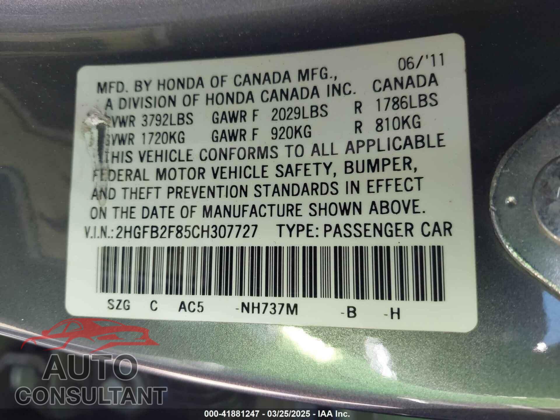 HONDA CIVIC 2012 - 2HGFB2F85CH307727