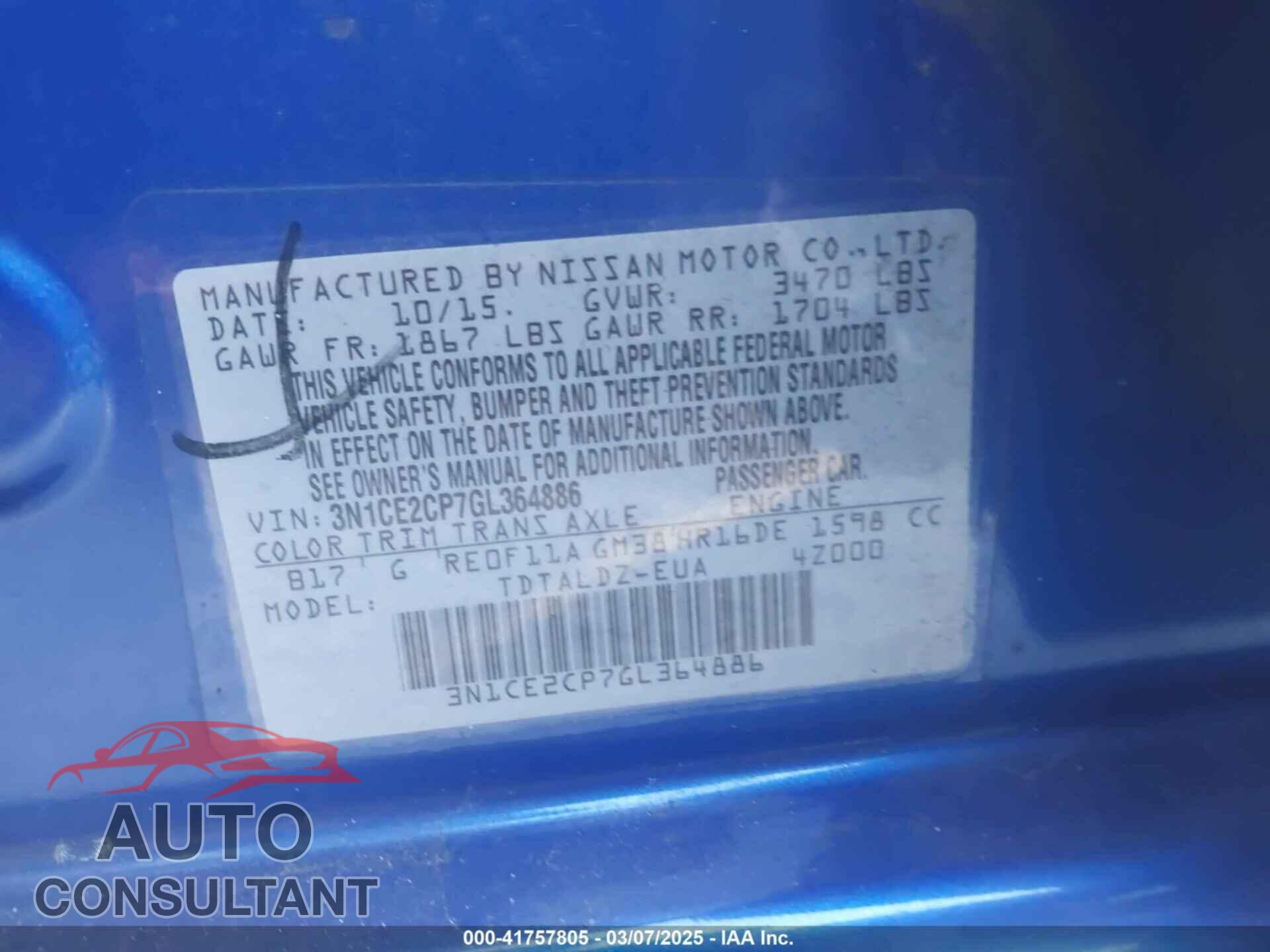 NISSAN VERSA NOTE 2016 - 3N1CE2CP7GL364886