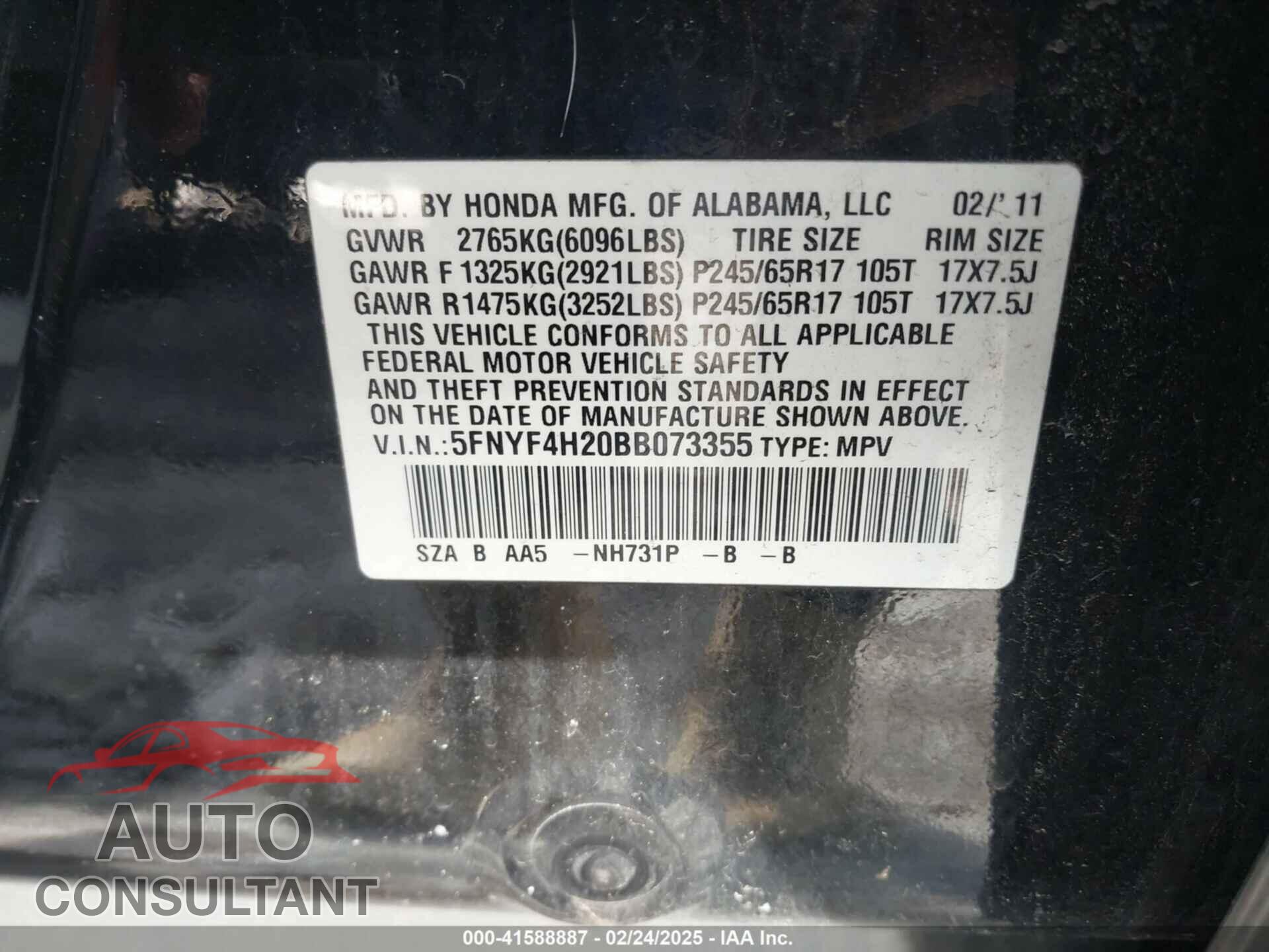 HONDA PILOT 2011 - 5FNYF4H20BB073355