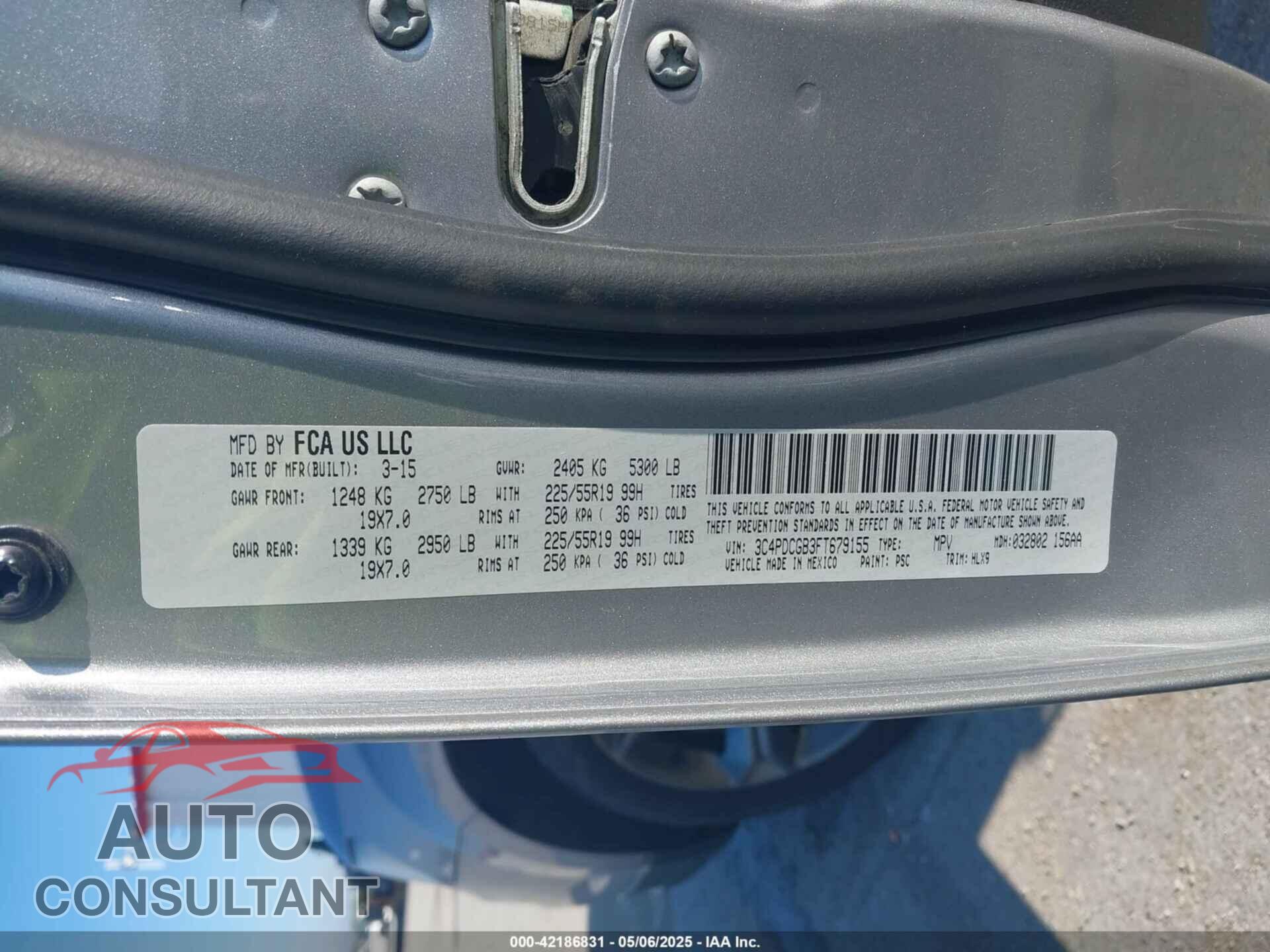 DODGE JOURNEY 2015 - 3C4PDCGB3FT679155