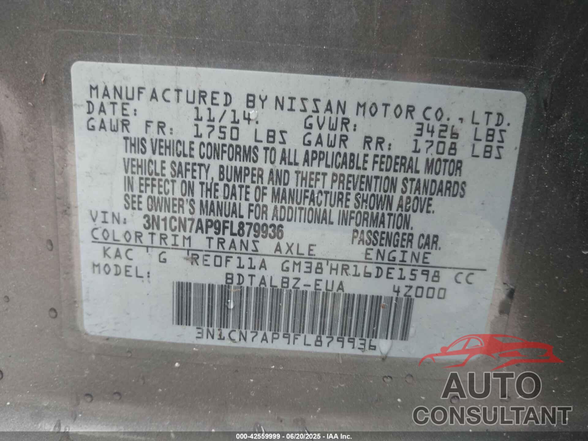 NISSAN VERSA 2015 - 3N1CN7AP9FL879936