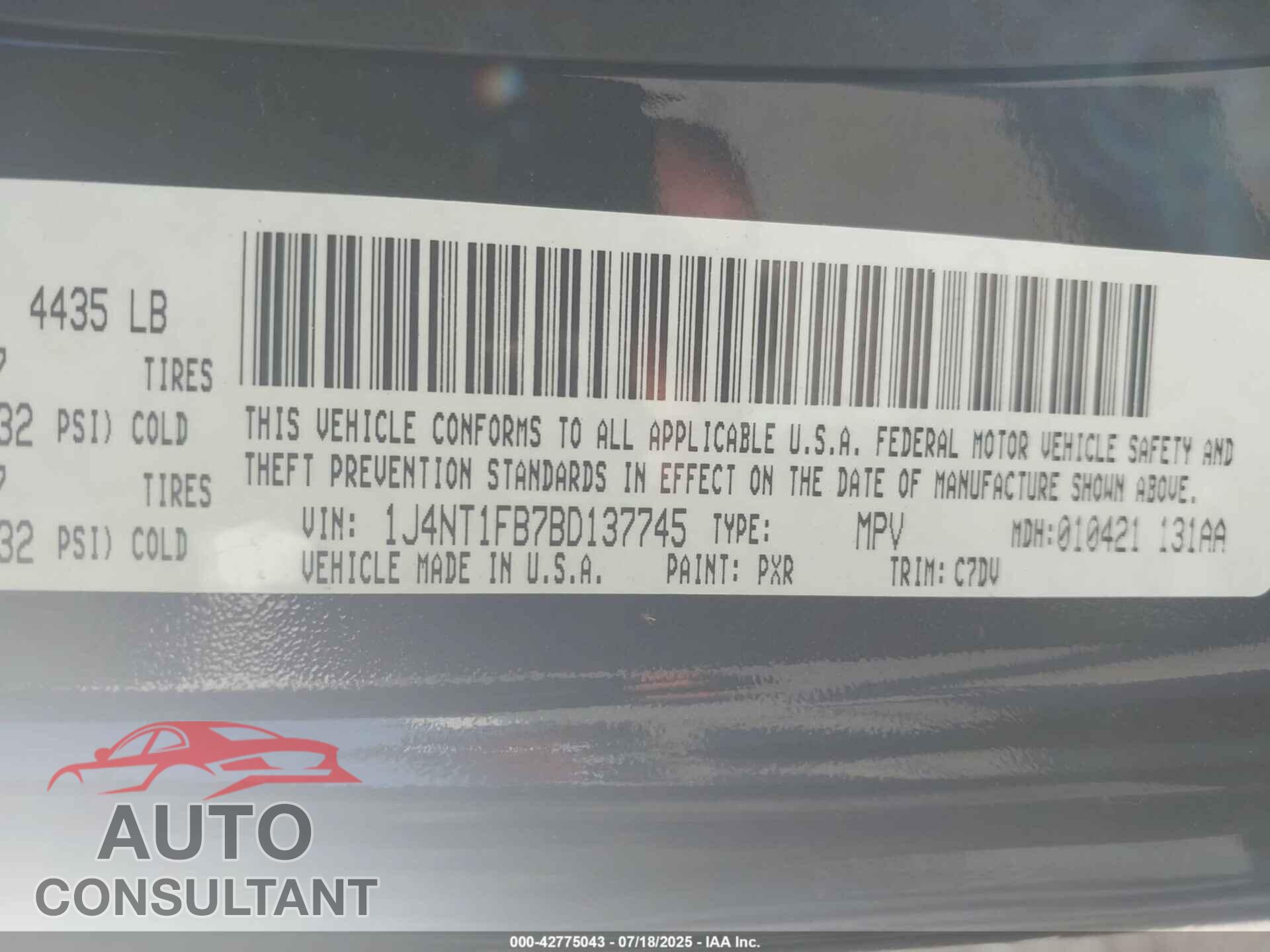 JEEP COMPASS 2011 - 1J4NT1FB7BD137745