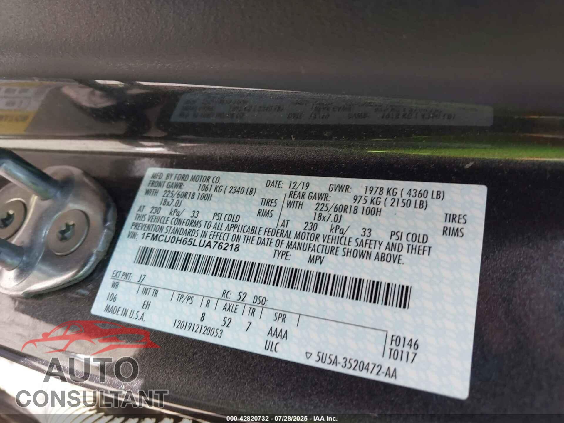 FORD ESCAPE 2020 - 1FMCU0H65LUA76218