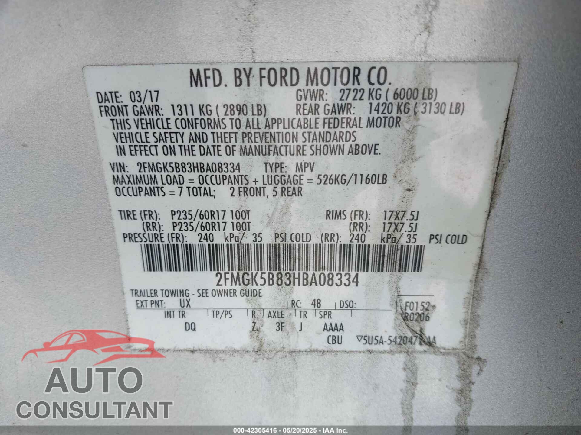 FORD FLEX 2017 - 2FMGK5B83HBA08334