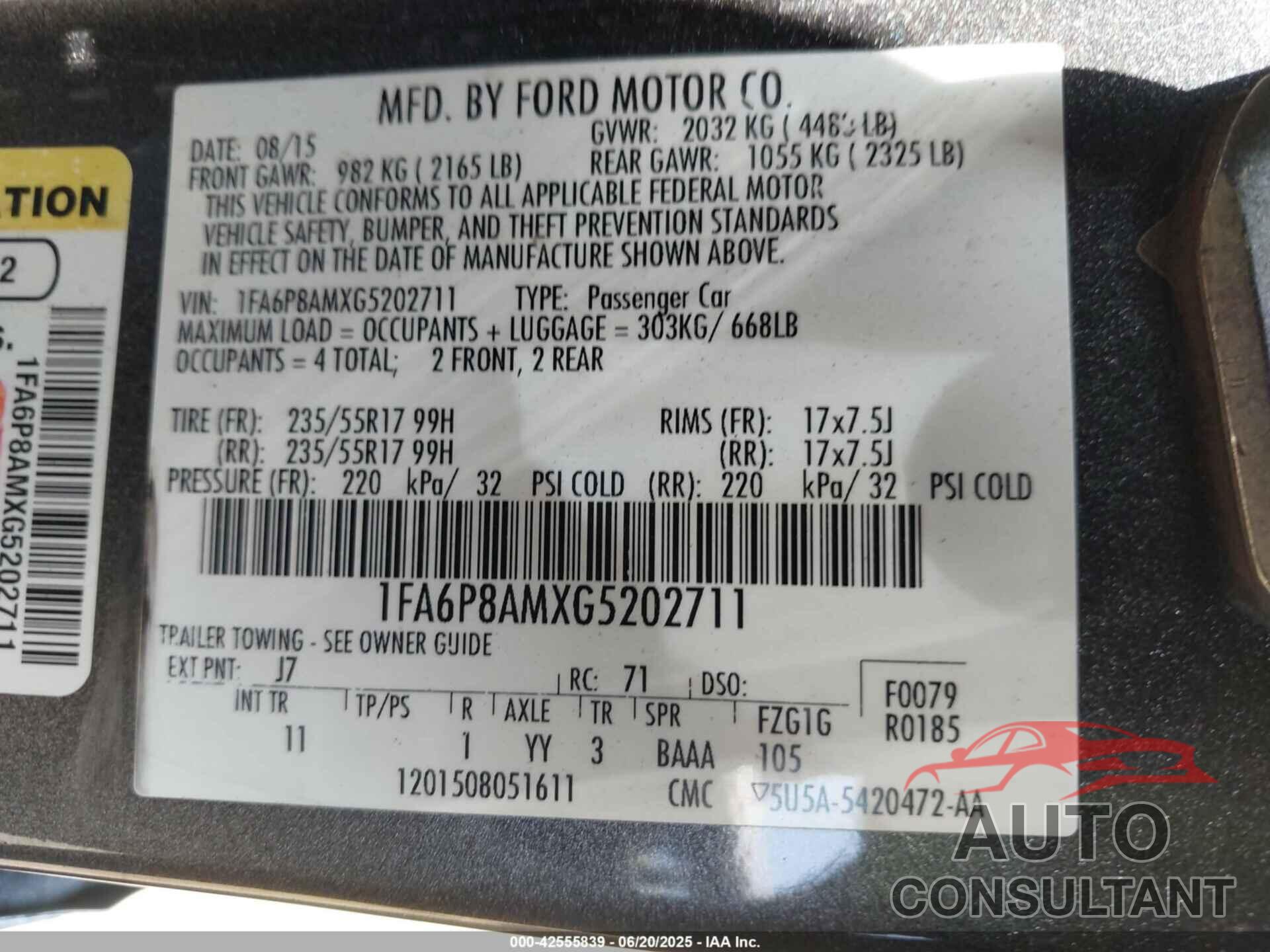 FORD MUSTANG 2016 - 1FA6P8AMXG5202711