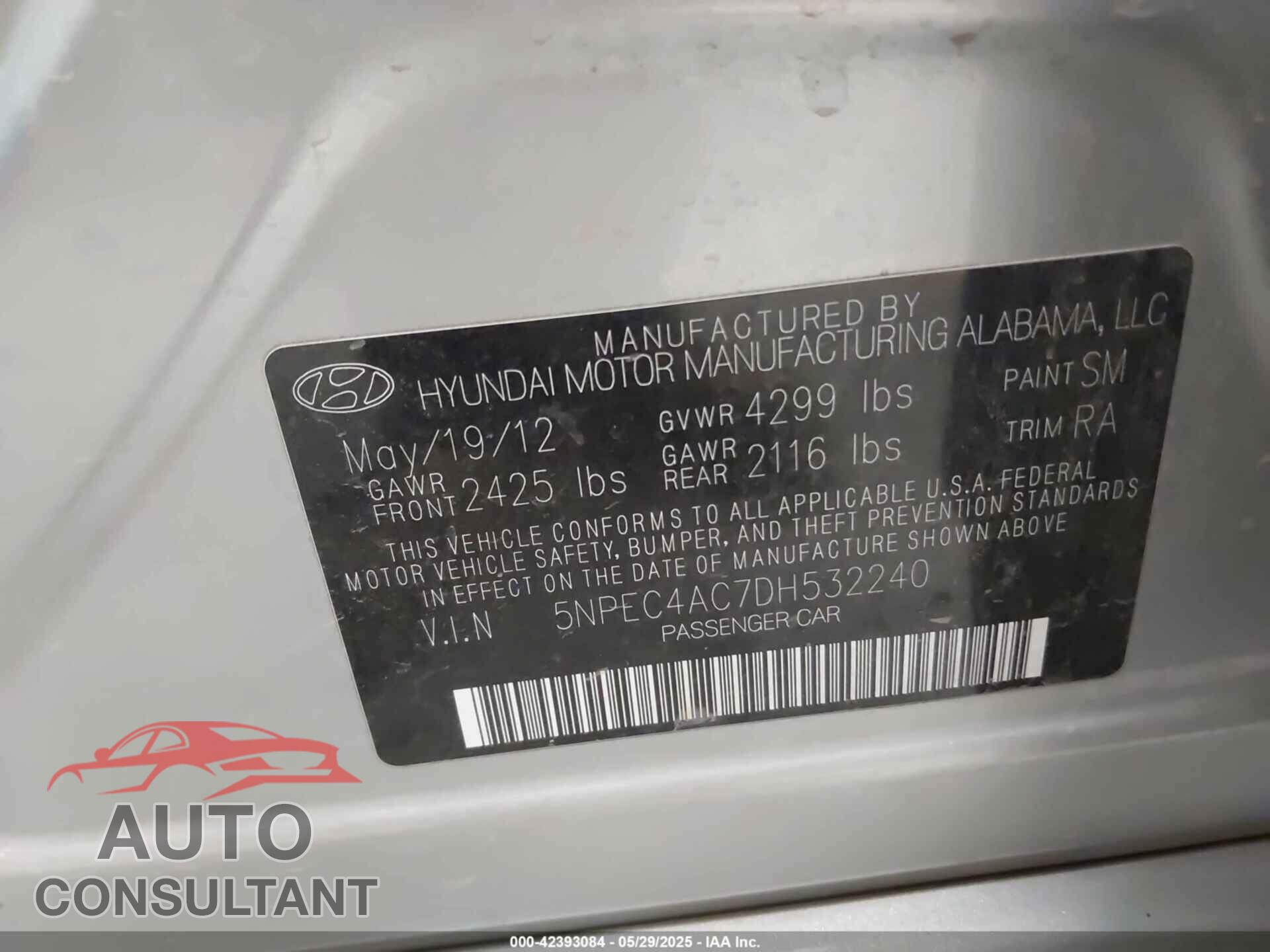 HYUNDAI SONATA 2013 - 5NPEC4AC7DH532240
