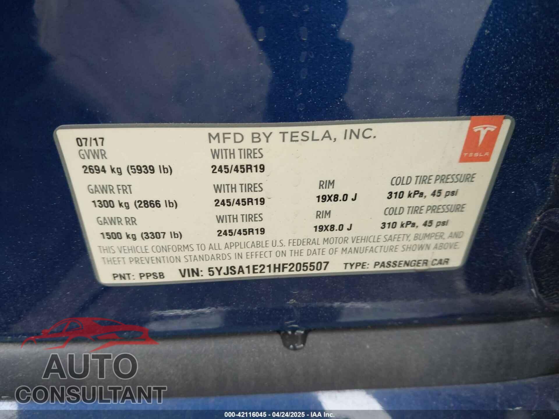 TESLA MODEL S 2017 - 5YJSA1E21HF205507