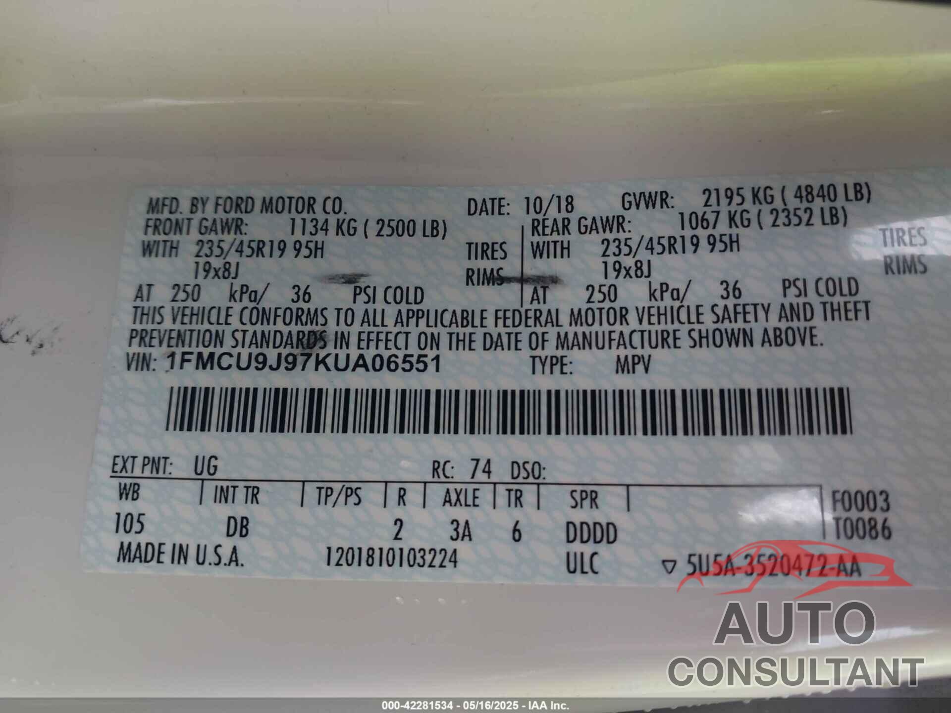 FORD ESCAPE 2019 - 1FMCU9J97KUA06551