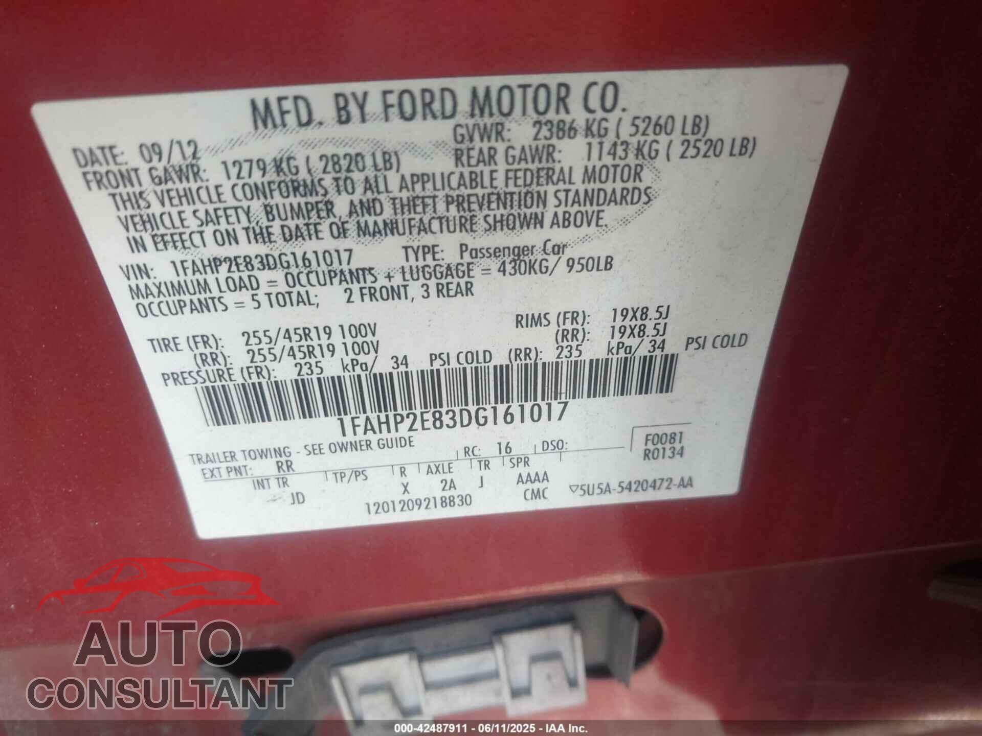 FORD TAURUS 2013 - 1FAHP2E83DG161017