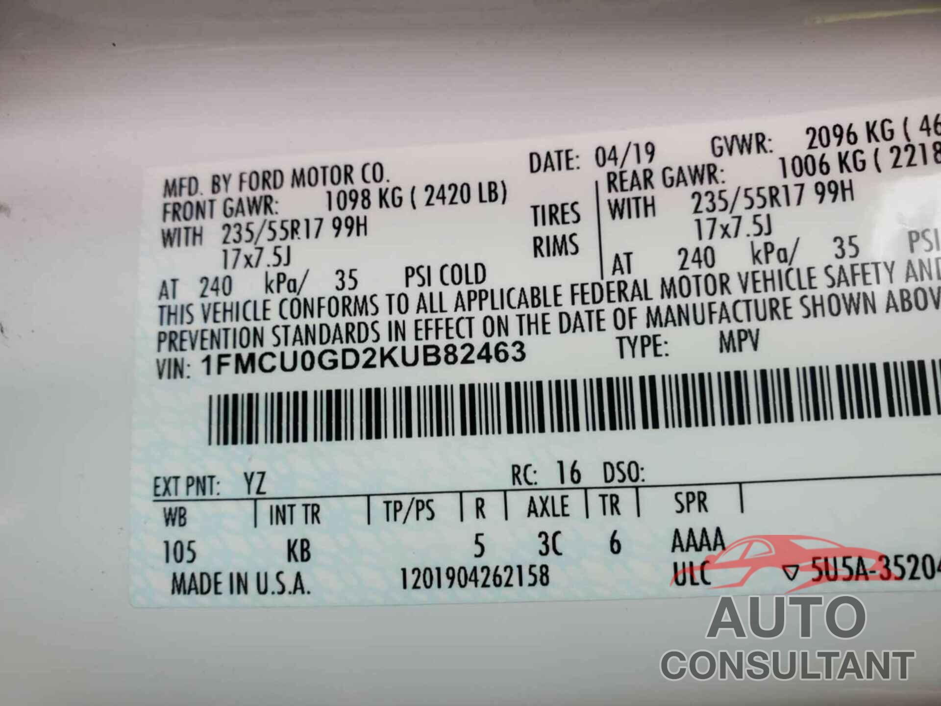 FORD ESCAPE 2019 - 1FMCU0GD2KUB82463