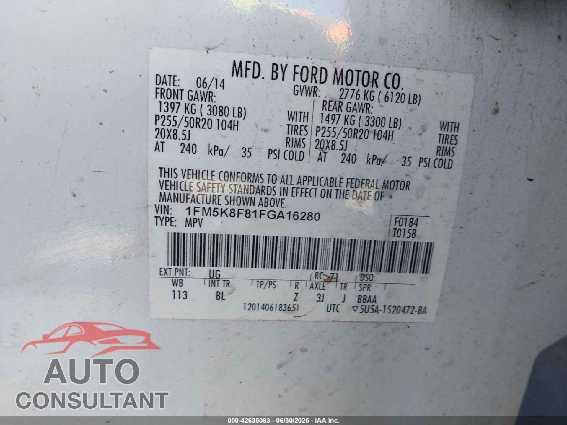 FORD EXPLORER 2015 - 1FM5K8F81FGA16280
