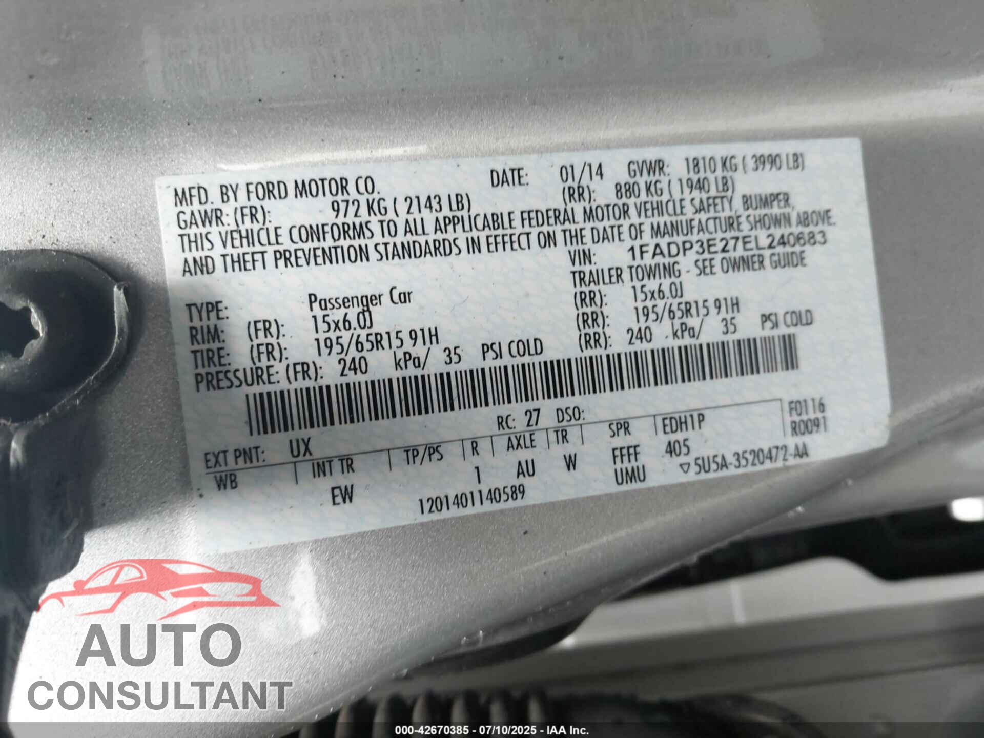FORD FOCUS 2014 - 1FADP3E27EL240683