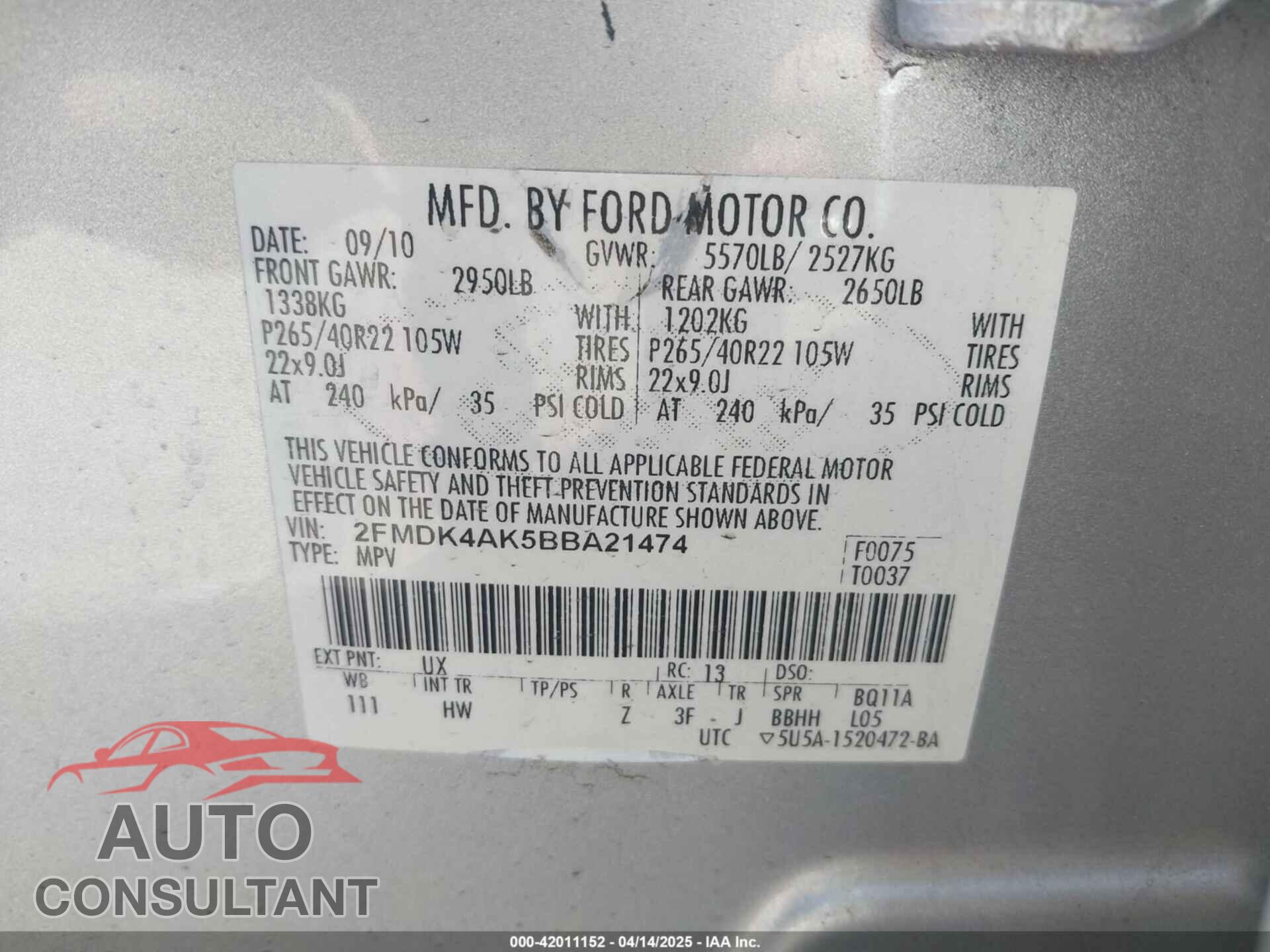 FORD EDGE 2011 - 2FMDK4AK5BBA21474