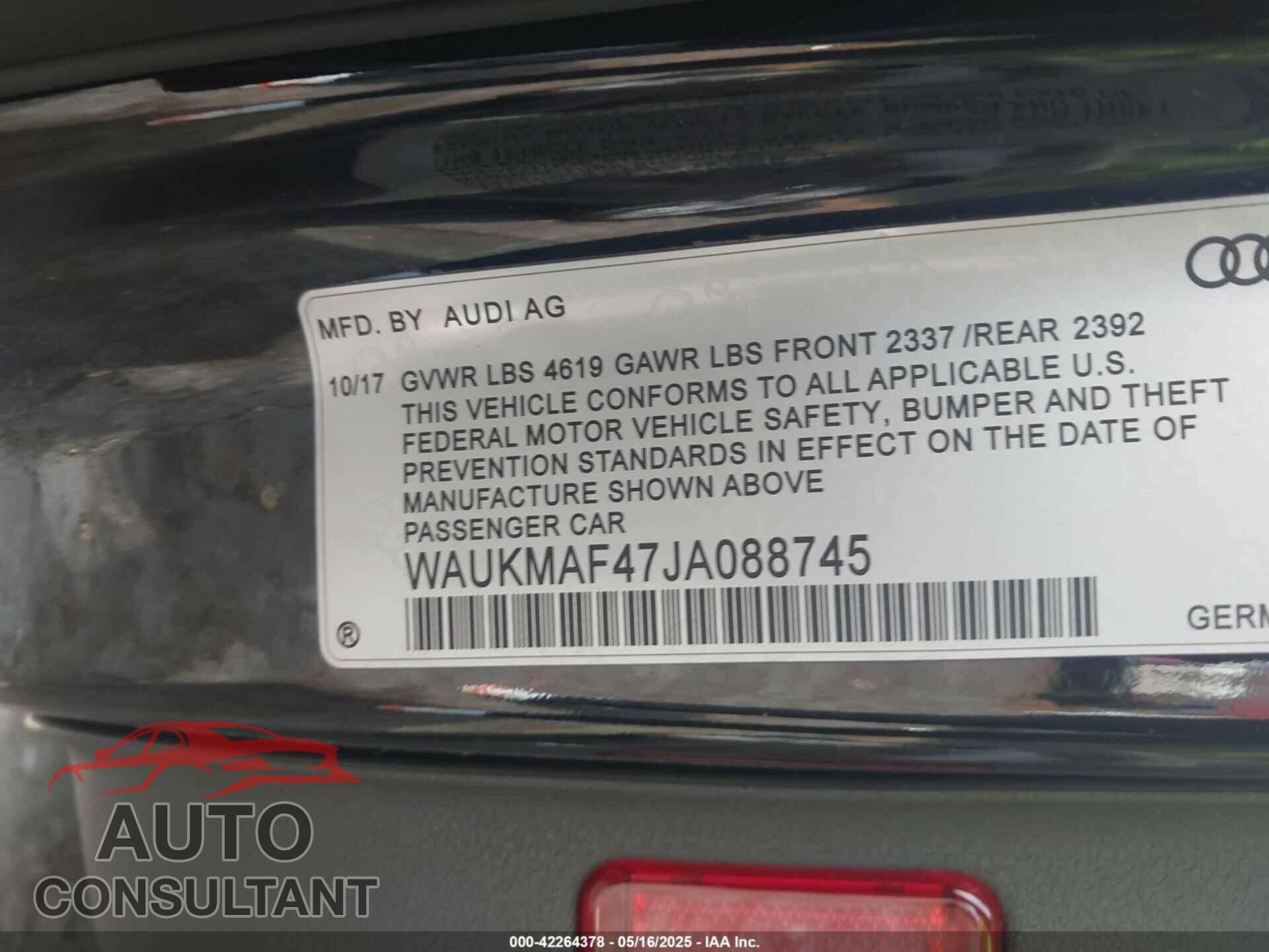 AUDI A4 2018 - WAUKMAF47JA088745