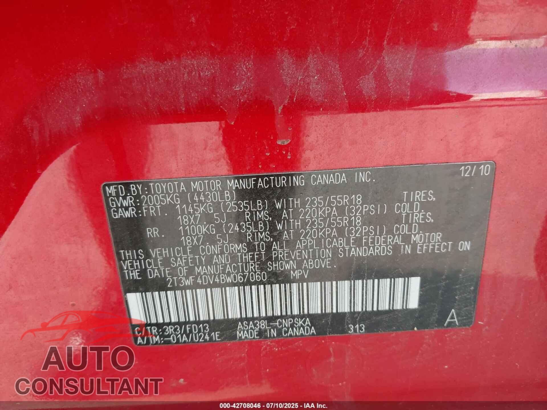 TOYOTA RAV4 2011 - 2T3WF4DV4BW067060