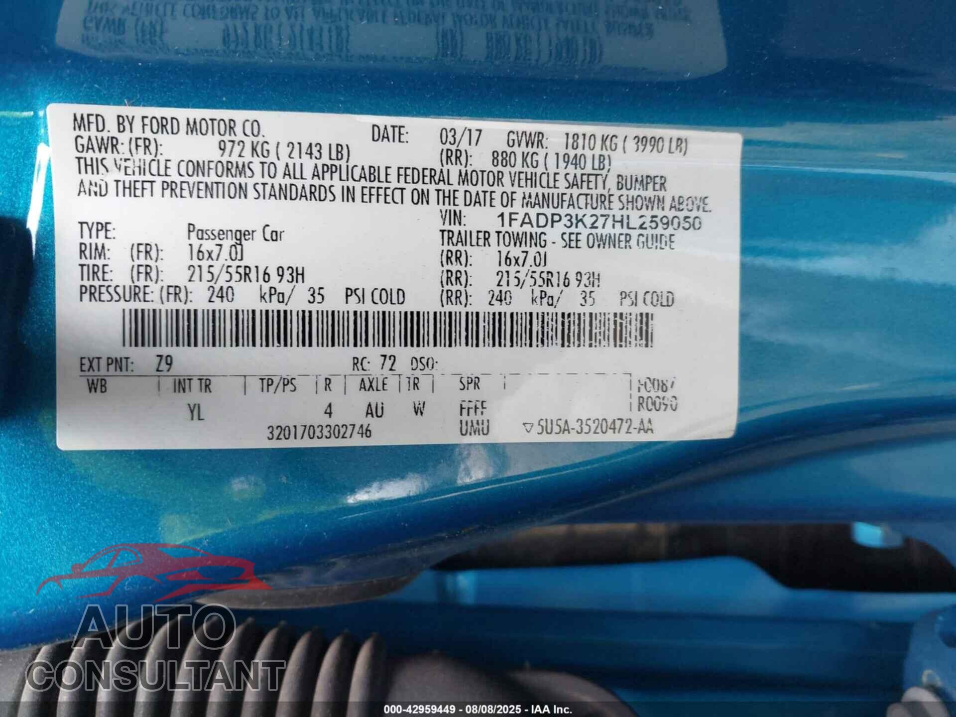 FORD FOCUS 2017 - 1FADP3K27HL259050