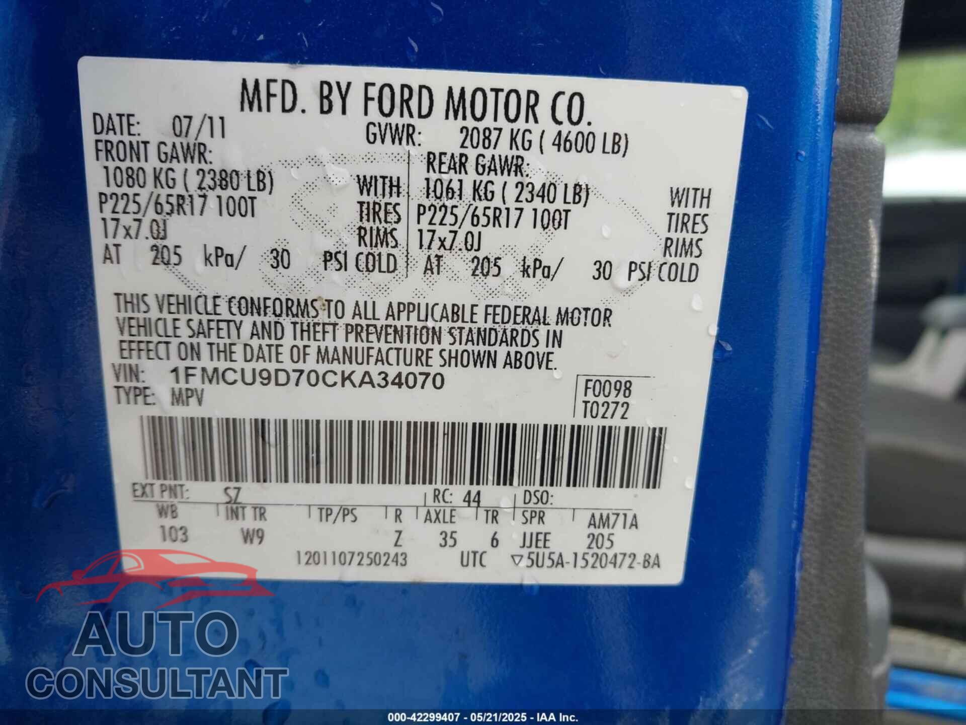 FORD ESCAPE 2012 - 1FMCU9D70CKA34070