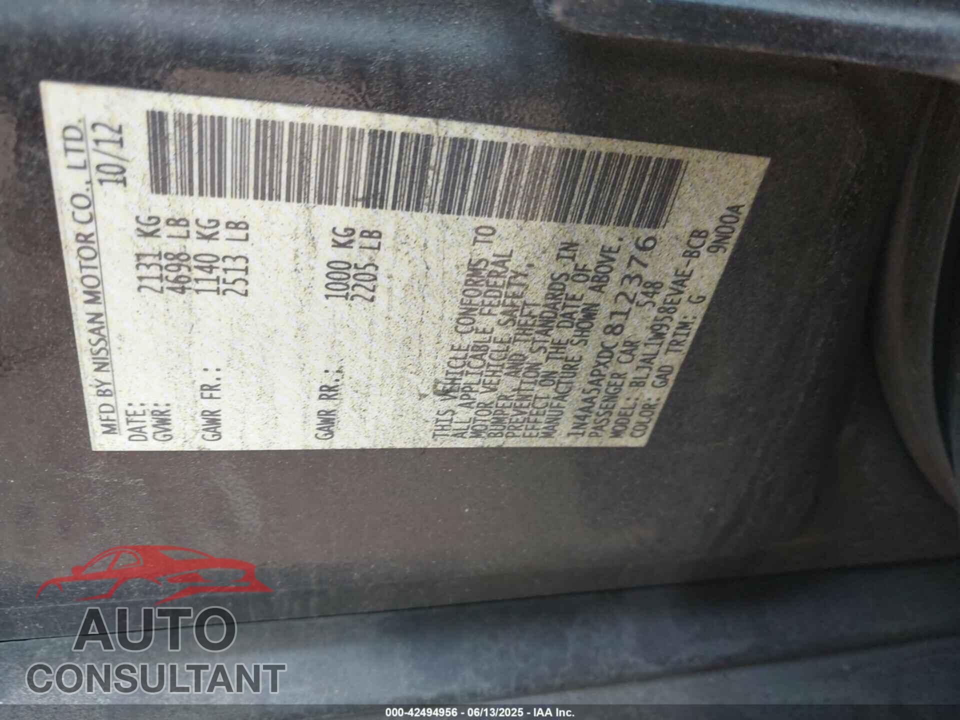 NISSAN MAXIMA 2013 - 1N4AA5APXDC812376
