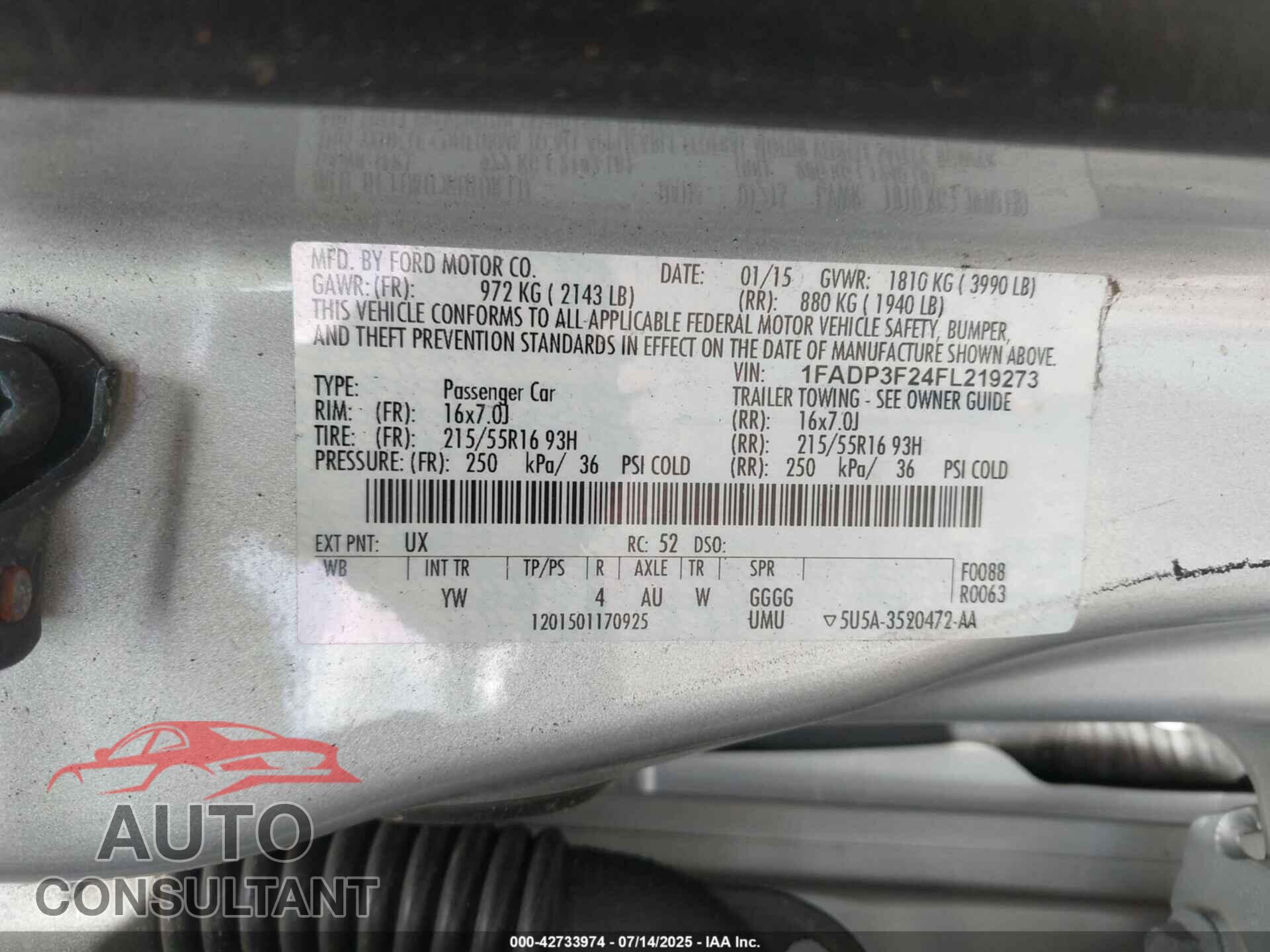 FORD FOCUS 2015 - 1FADP3F24FL219273
