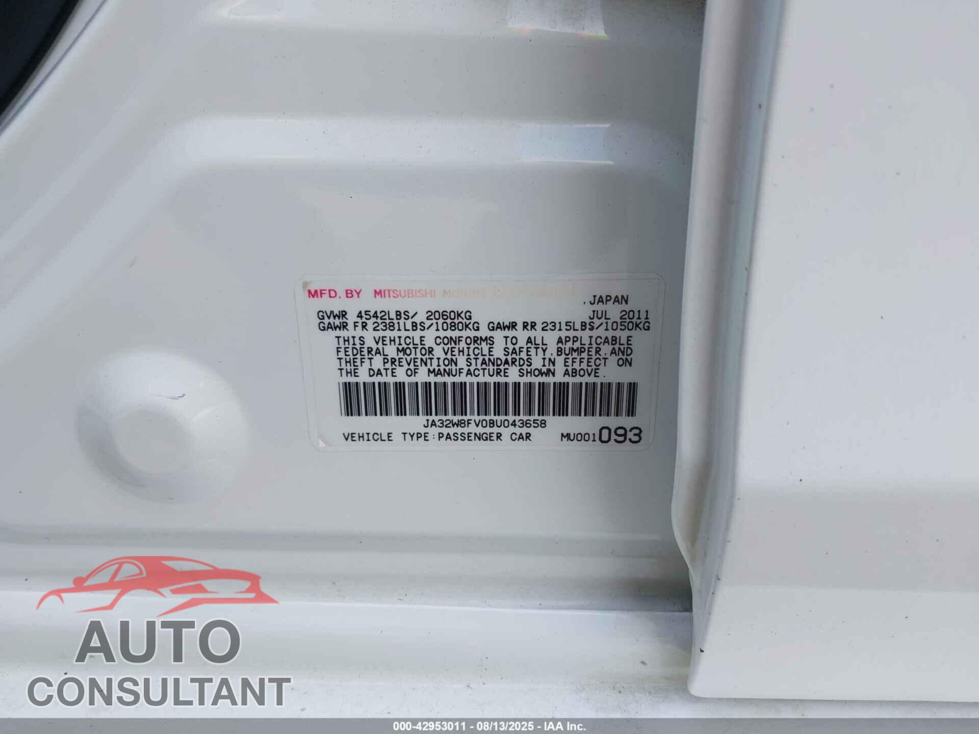 MITSUBISHI LANCER EVOLUTION 2011 - JA32W8FV0BU043658