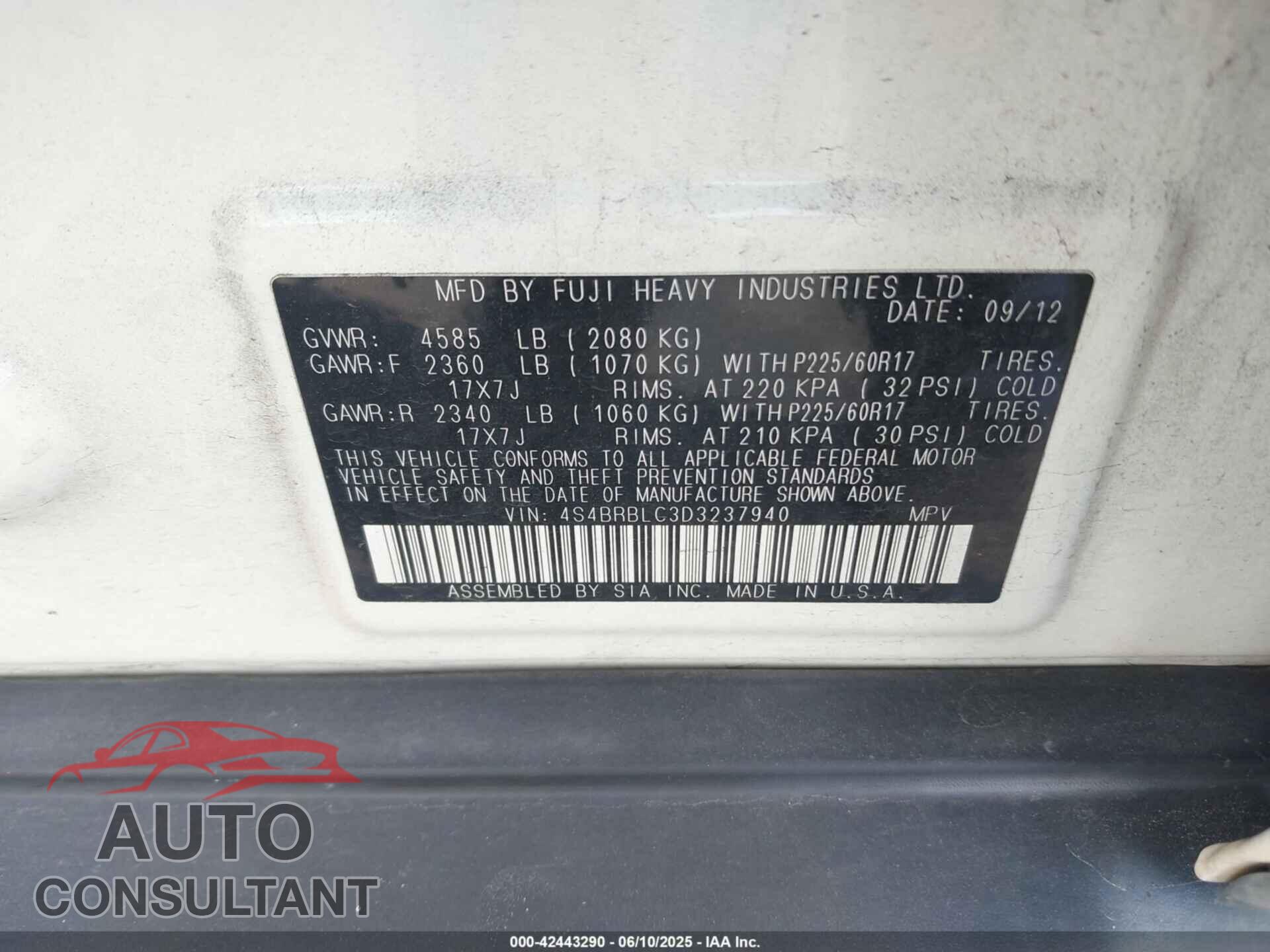 SUBARU OUTBACK 2013 - 4S4BRBLC3D3237940
